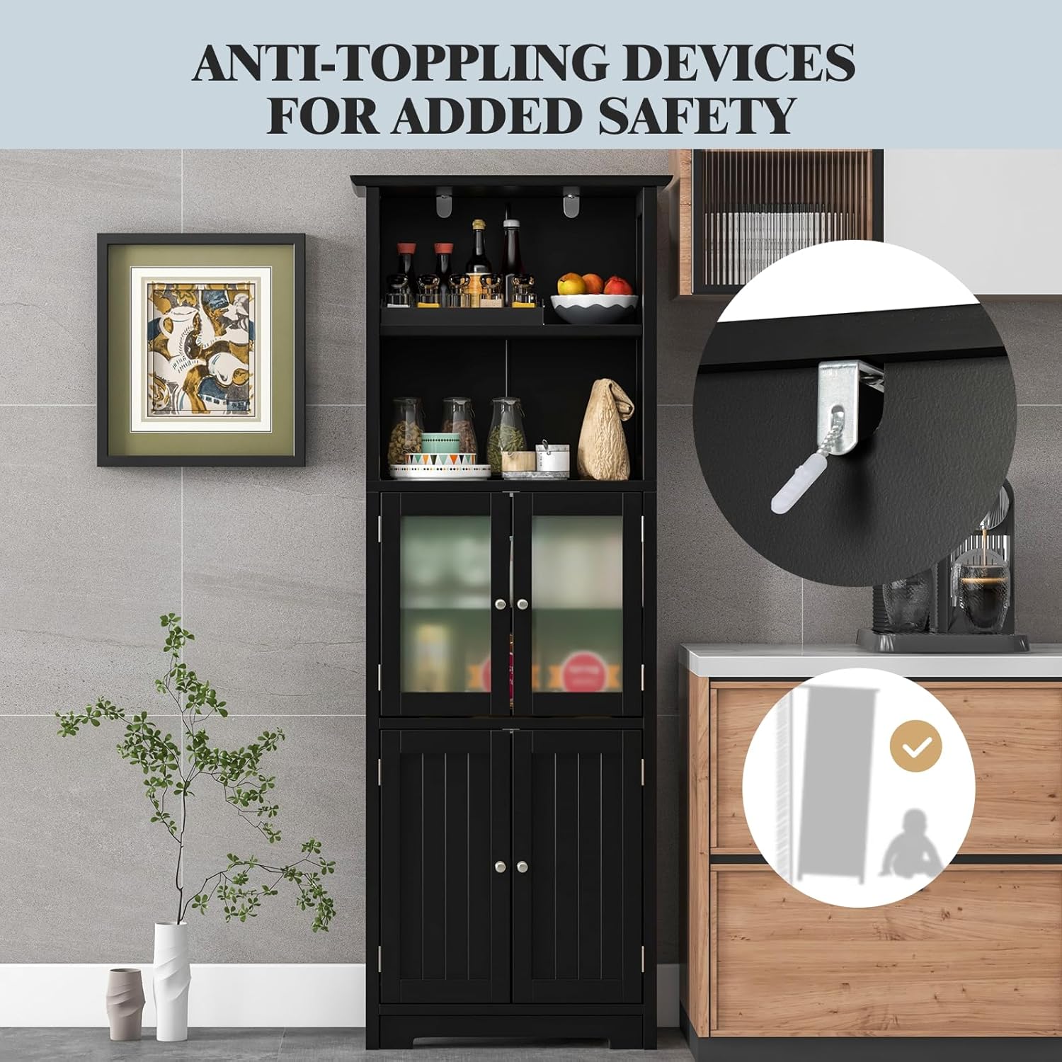 Tall Storage Cabinet Glass Door Shelf Unit Black