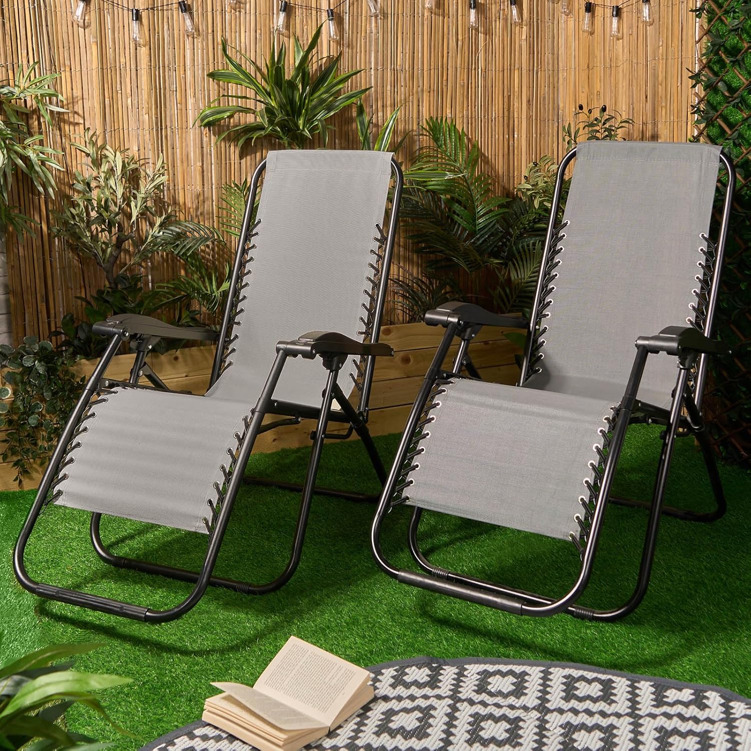 2 Zero Gravity Sun Lounger Chairs Charcoal Grey Folding