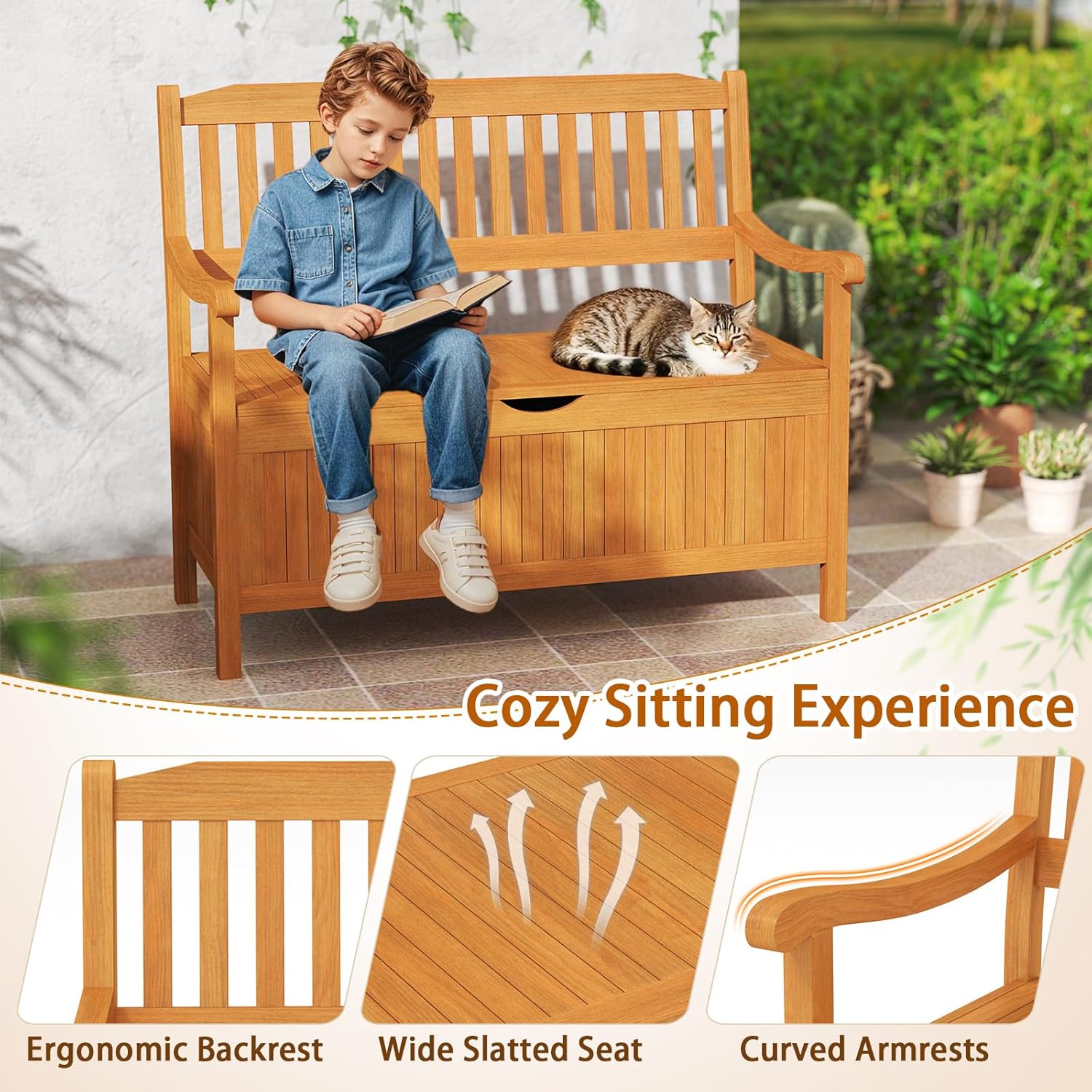 Acacia Wood Garden Storage Bench 2 Seater 125L Patio Seat