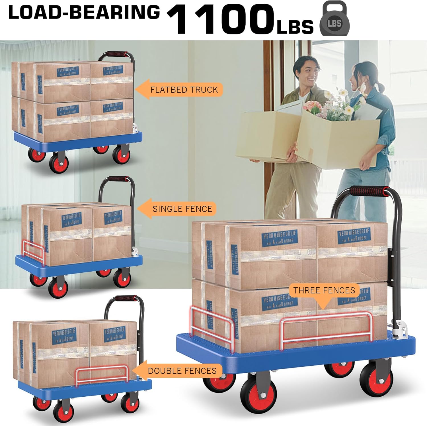 1100LB Foldable Platform Truck Cart with 3 Fence Dolly
