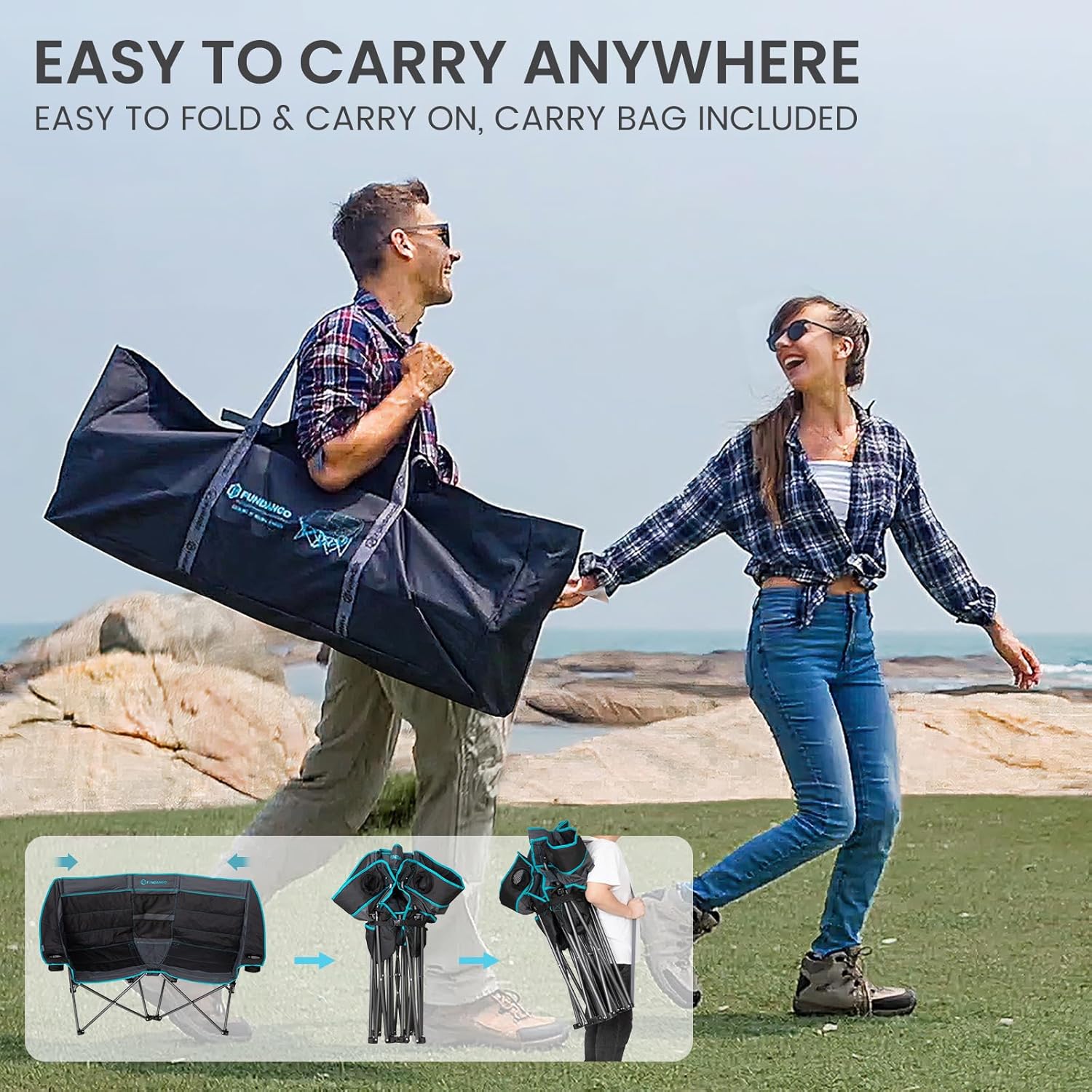 Extra Wide Double Camping Chair Foldable Black