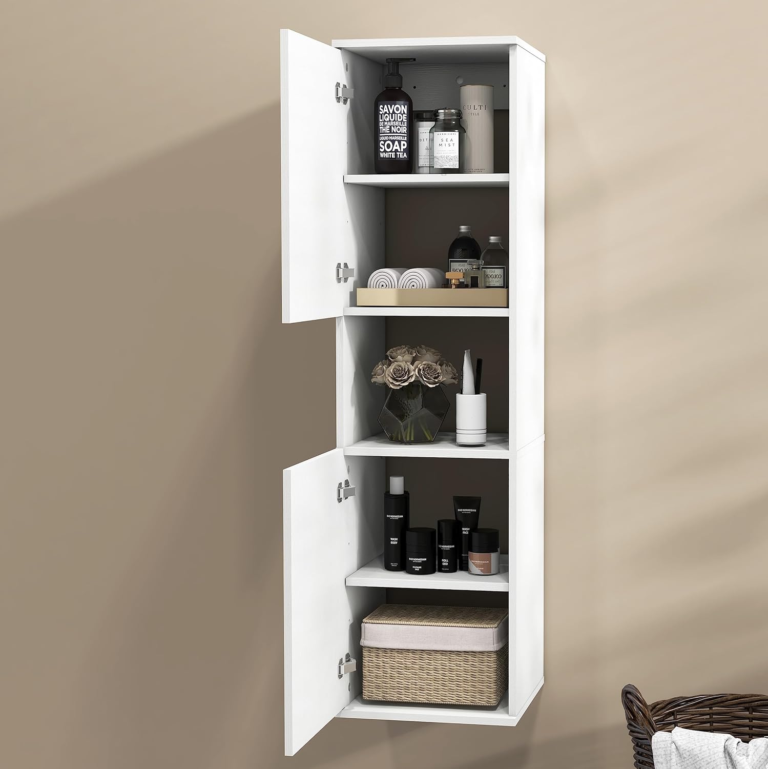 Wall Mounted Tall Bathroom Cabinet White 2 Door Storage Unit