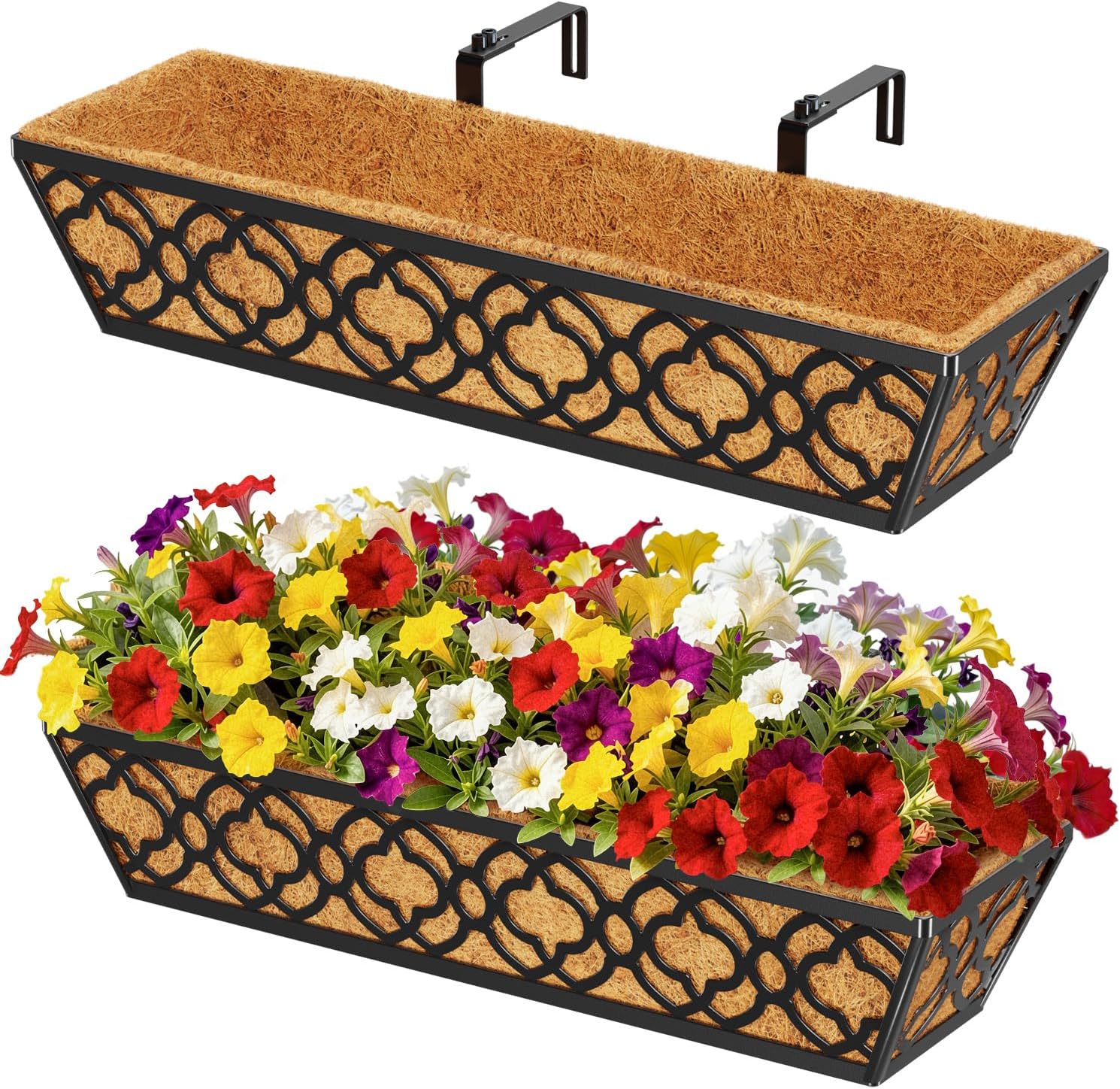 24in Hanging Planter Box Set 2 Metal Railing Trough Coco Liner