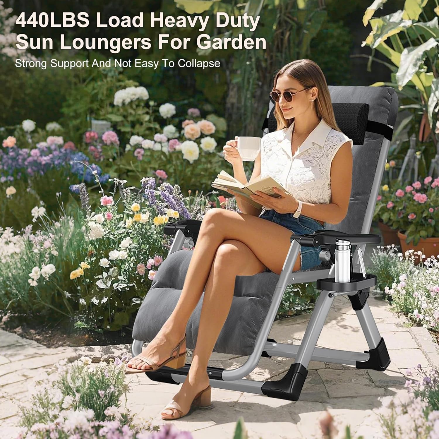 Zero Gravity Folding Sun Lounger Chair 440LBS Heavy Duty Grey