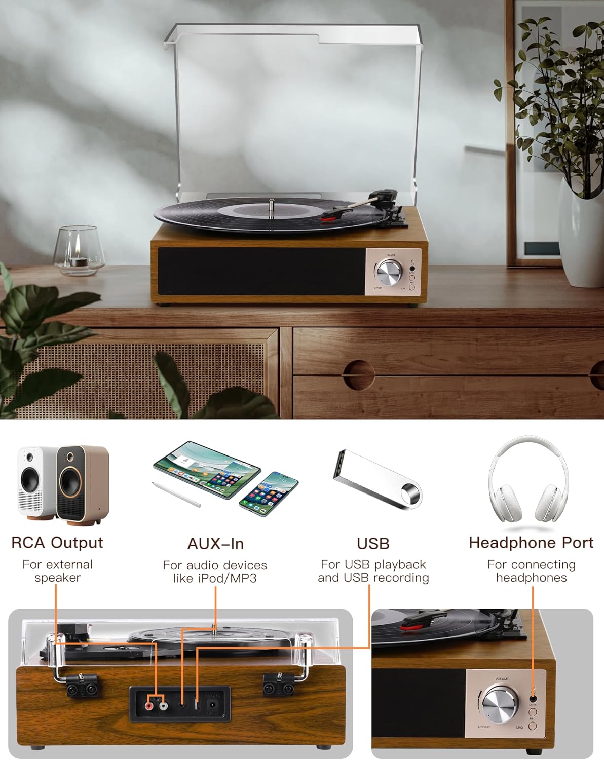 Bluetooth Vinyl Record Player 3 Speed USB Recording