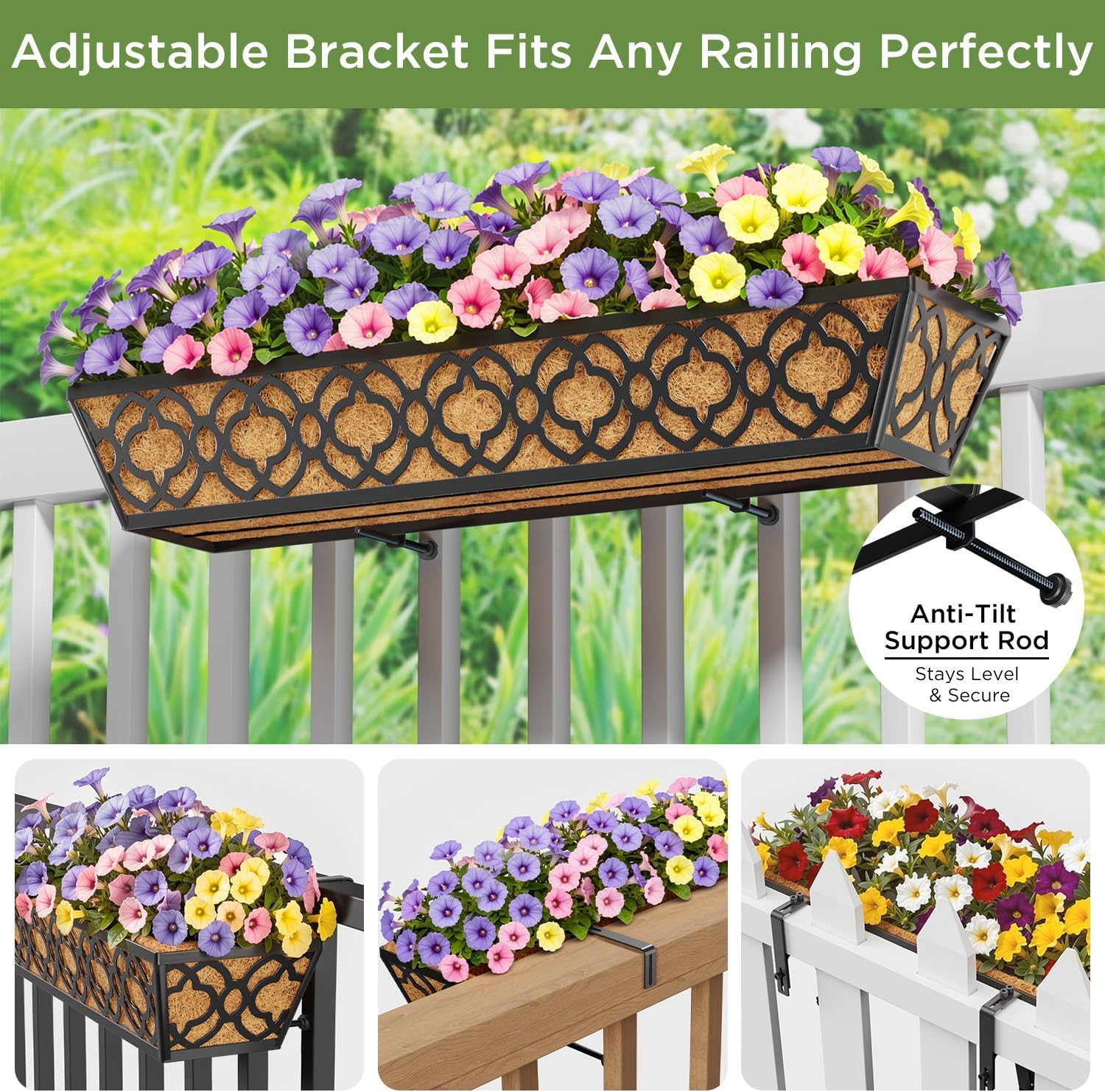 30in Hanging Flower Baskets Wall Planter Rail Box Coco Liner 4 Pack