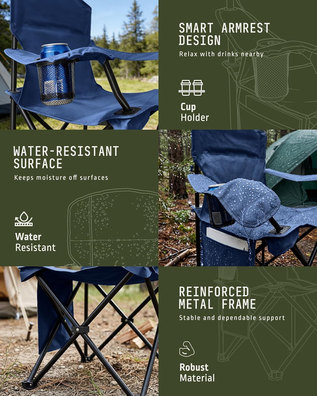 Folding Camping Chair 2 Pack Pocket Cup Holder Navy