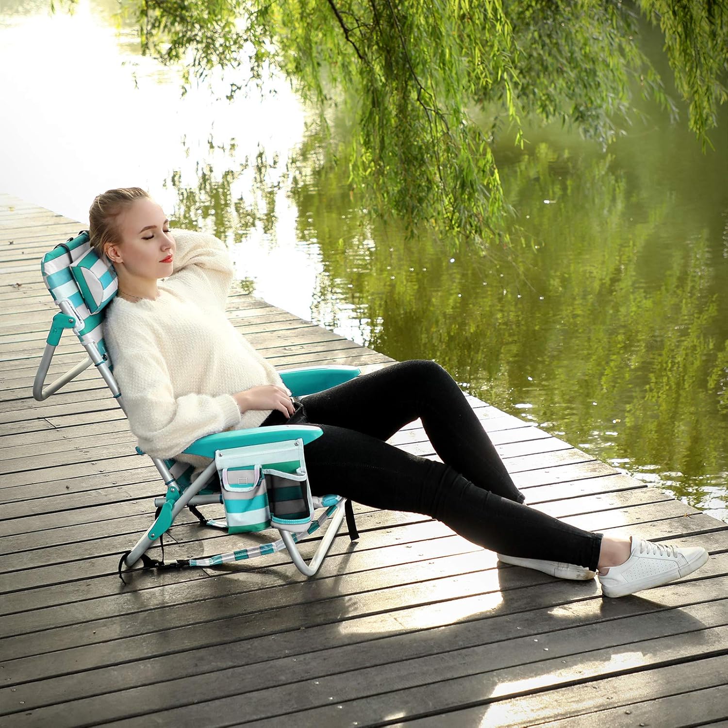 Portable Beach Chairs Set of 2 Reclining Foldable Seats
