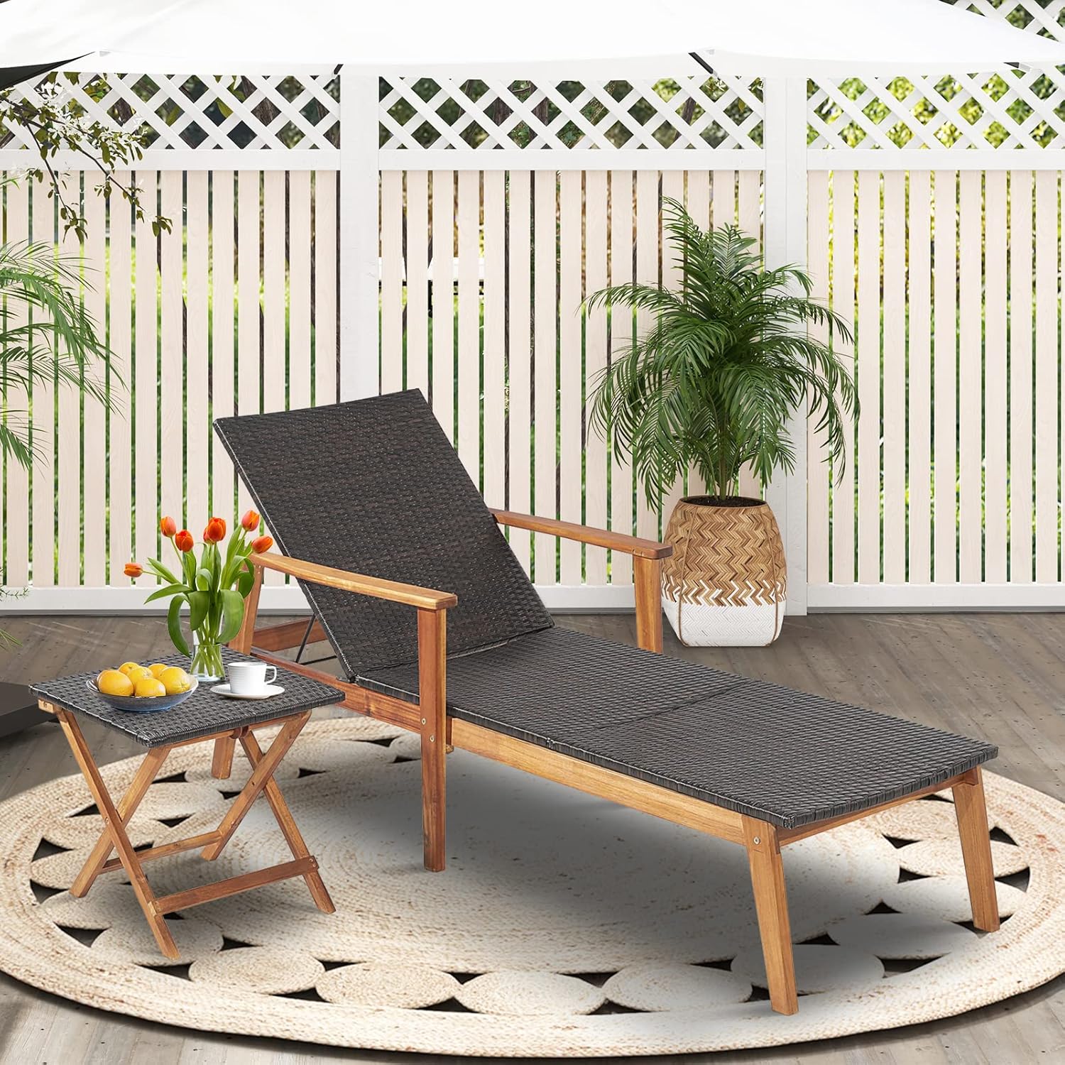 Acacia Wood Rattan Sun Lounger 4 Position Recliner
