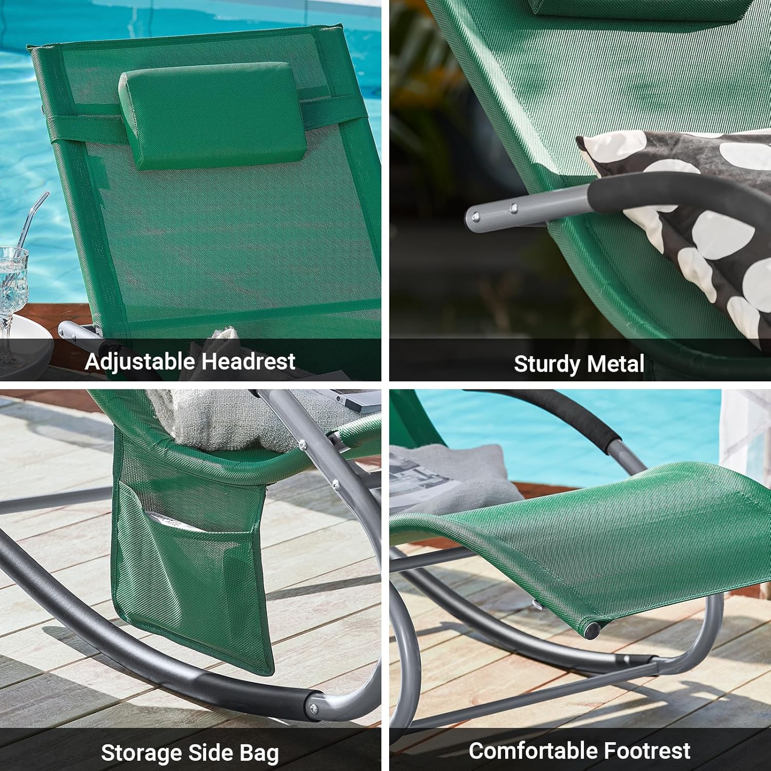 Garden Rocking Sun Lounger Recliner with Pillow Green