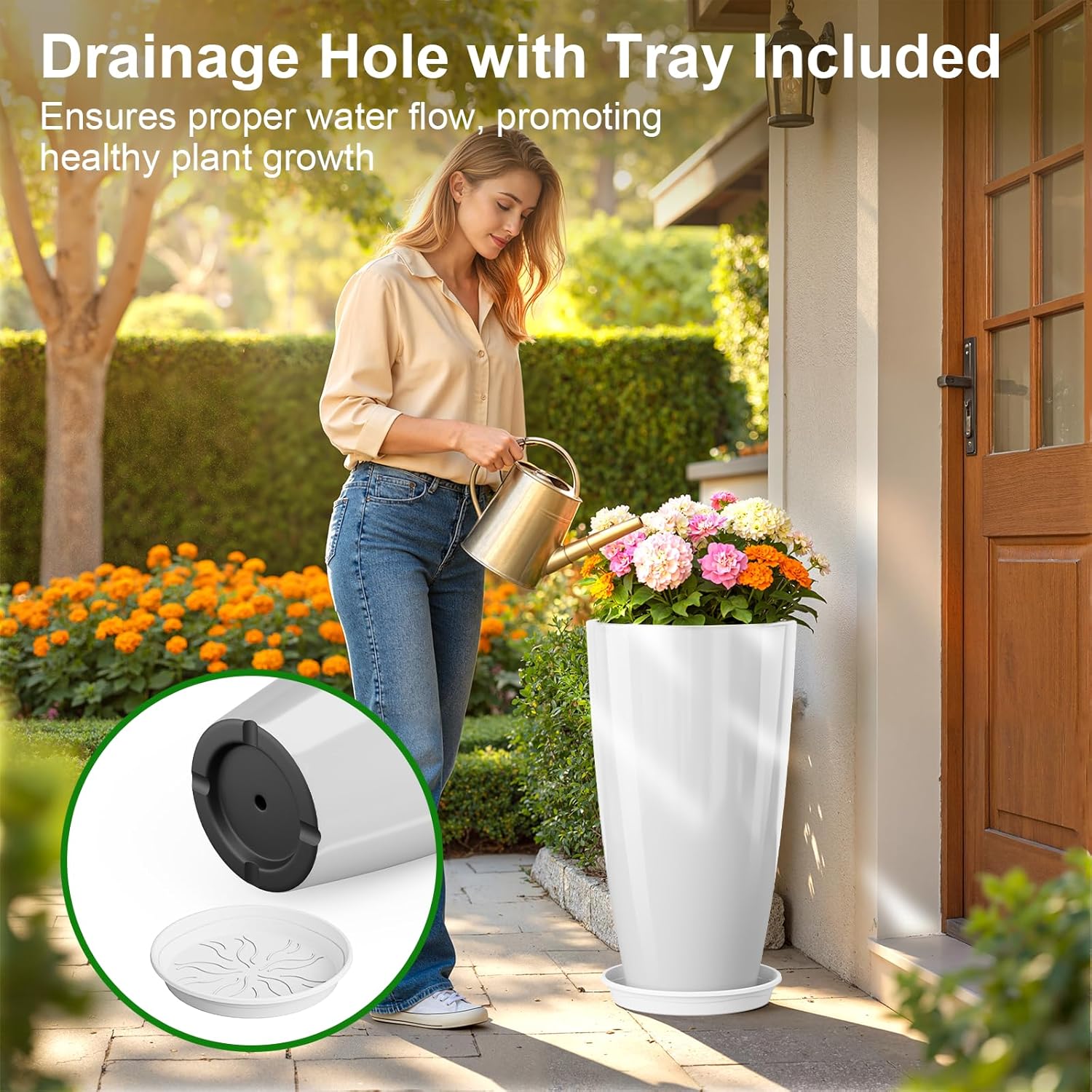 Tall Planters Set of 2 53cm White Plant Pots Indoor Outdoor