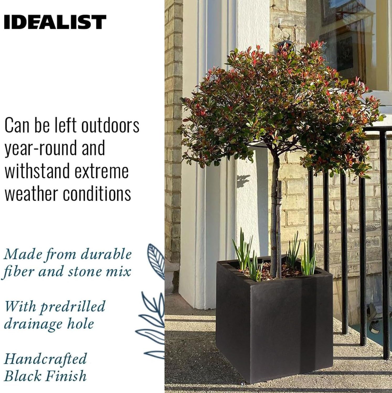 Set of 2 30cm Square Planters Black Stone Effect Garden Pots