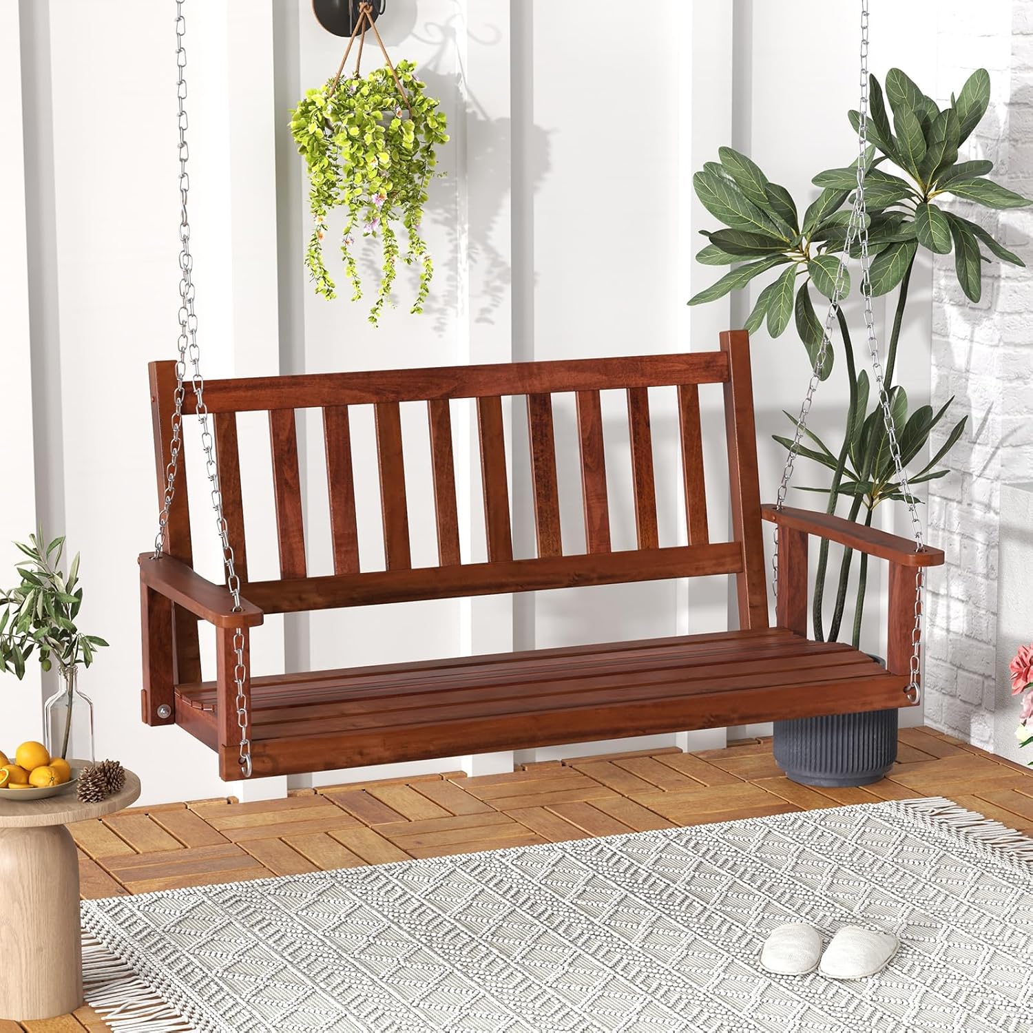 2 Seater Wooden Garden Swing Bench Hanging Patio Seat Brown