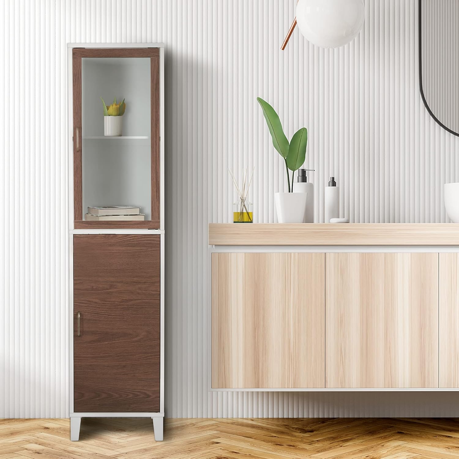 Tall Bathroom Linen Tower Cabinet Glass Door Shelf White Brown
