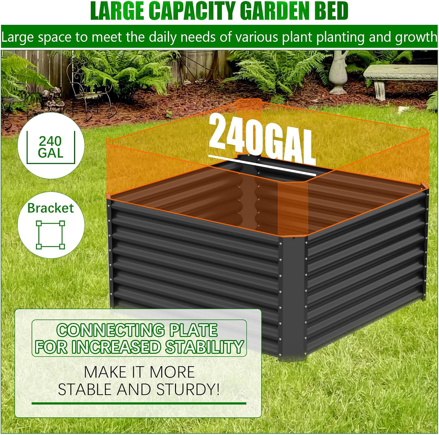 Large Metal Raised Garden Bed 122cm Black Steel Planter