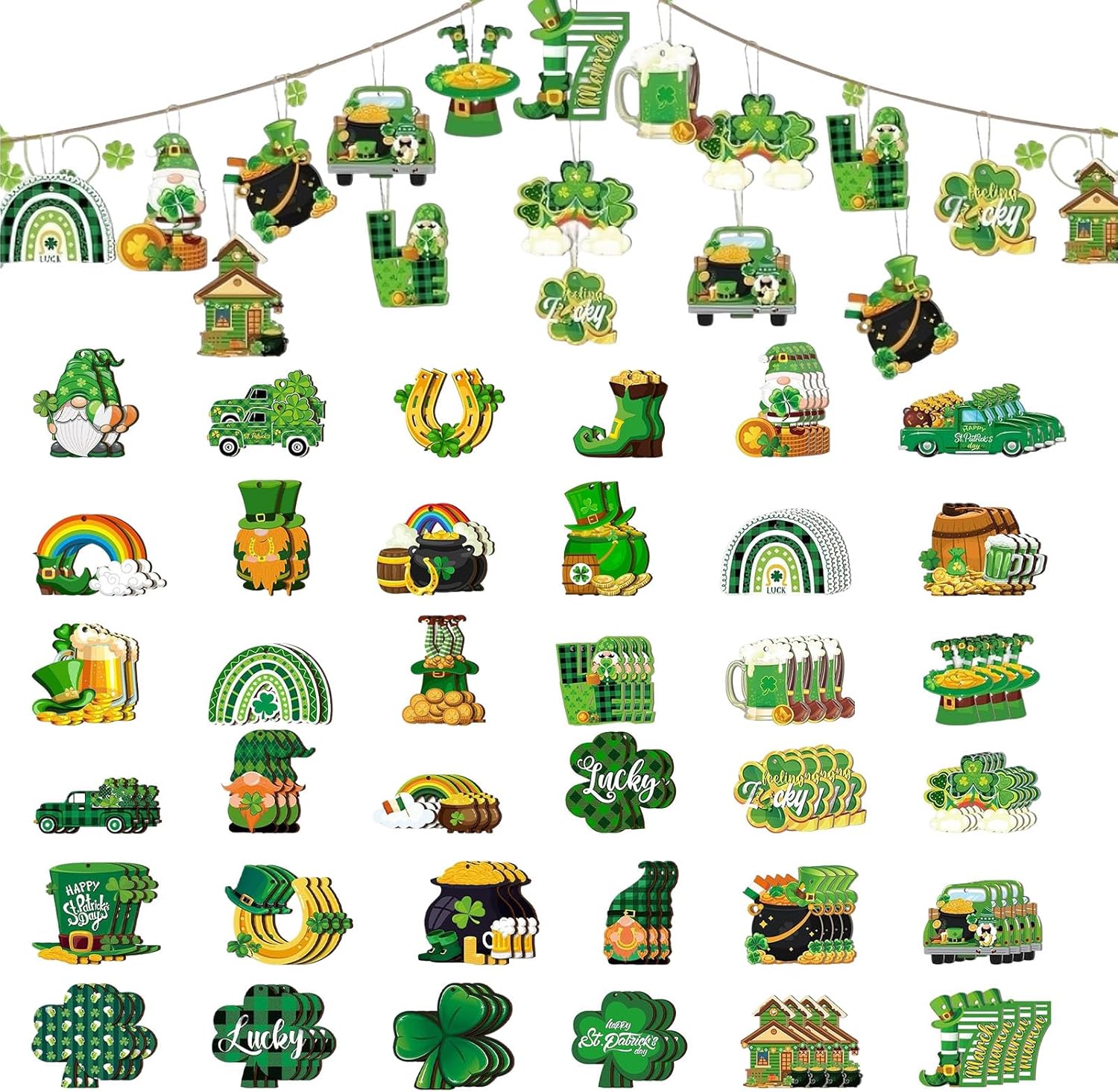 St Patricks Day Gnome Hanging Ornaments 36pcs Wooden Decor Set