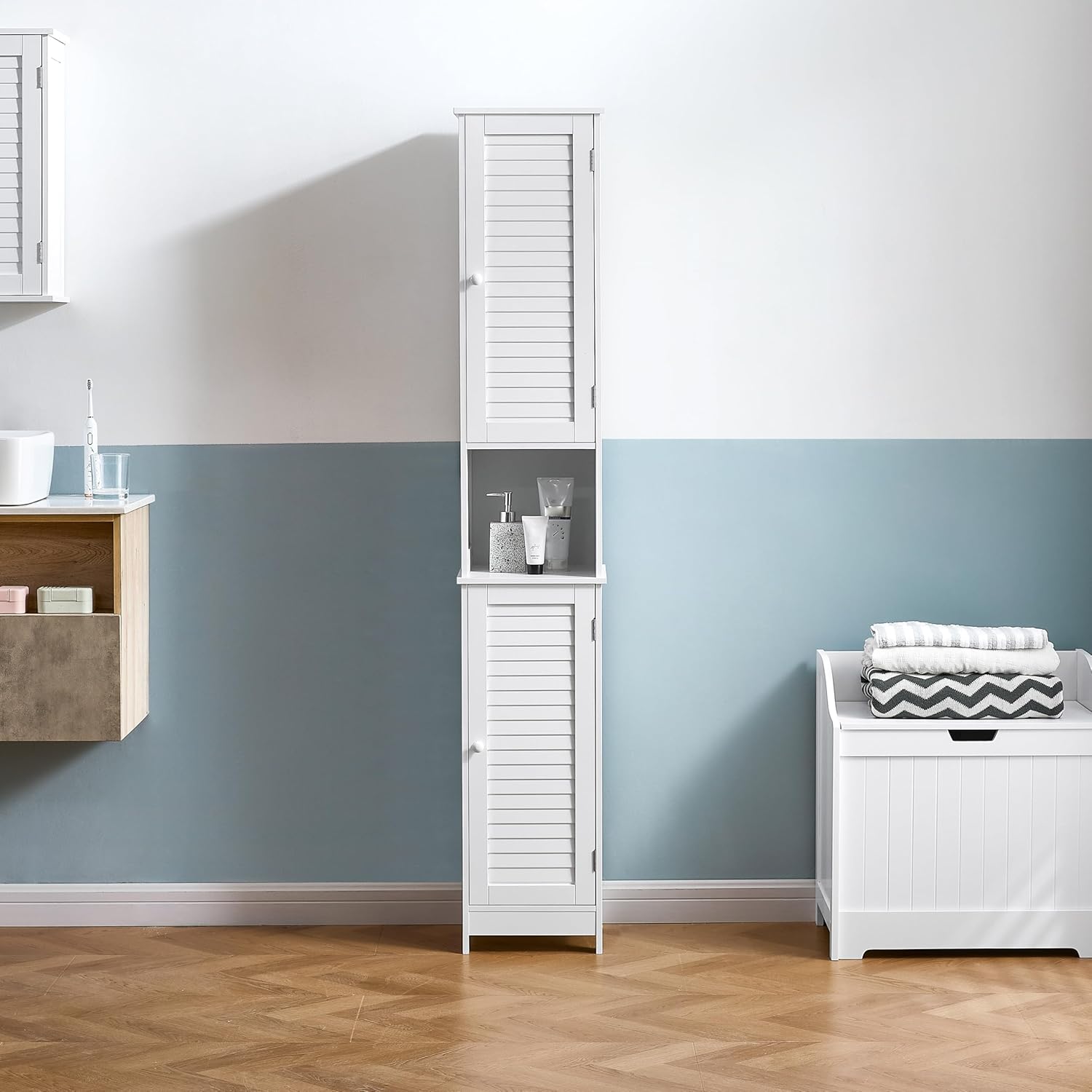 Tall Bathroom Storage Cabinet White Shutter Door Unit