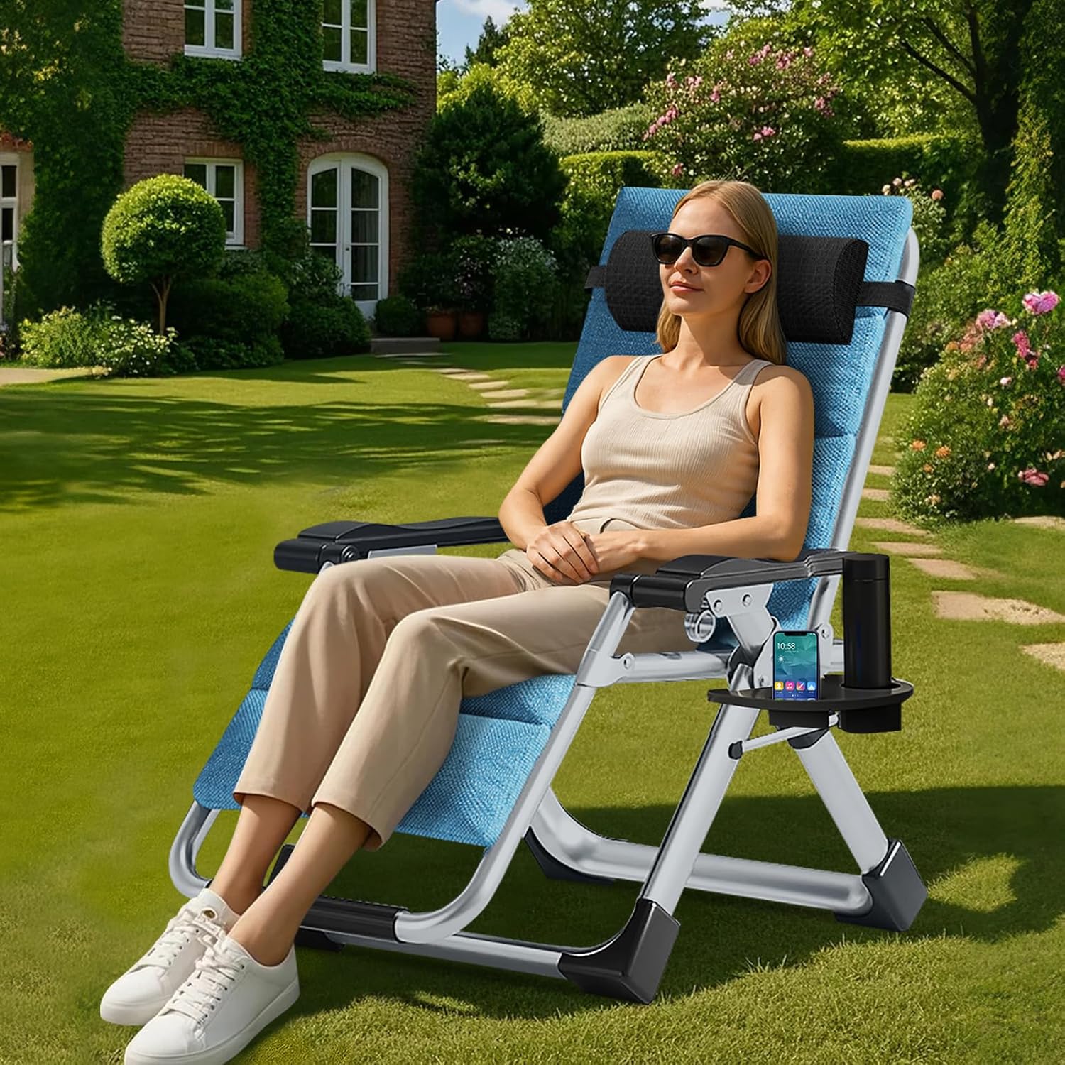 Zero Gravity Recliner Chair Folding Sun Lounger Flax Blue