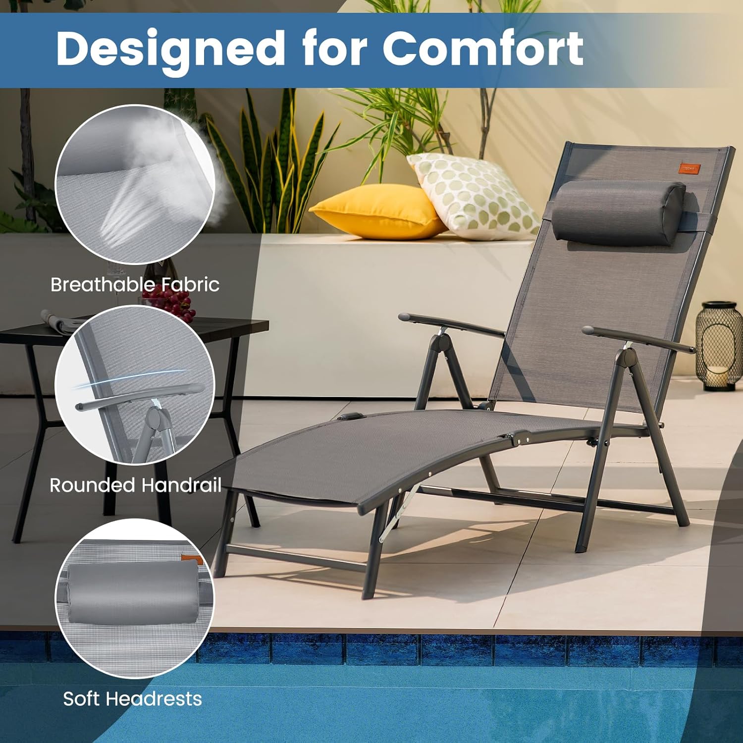 Folding Sun Lounger 7 Position Recliner Grey 150kg