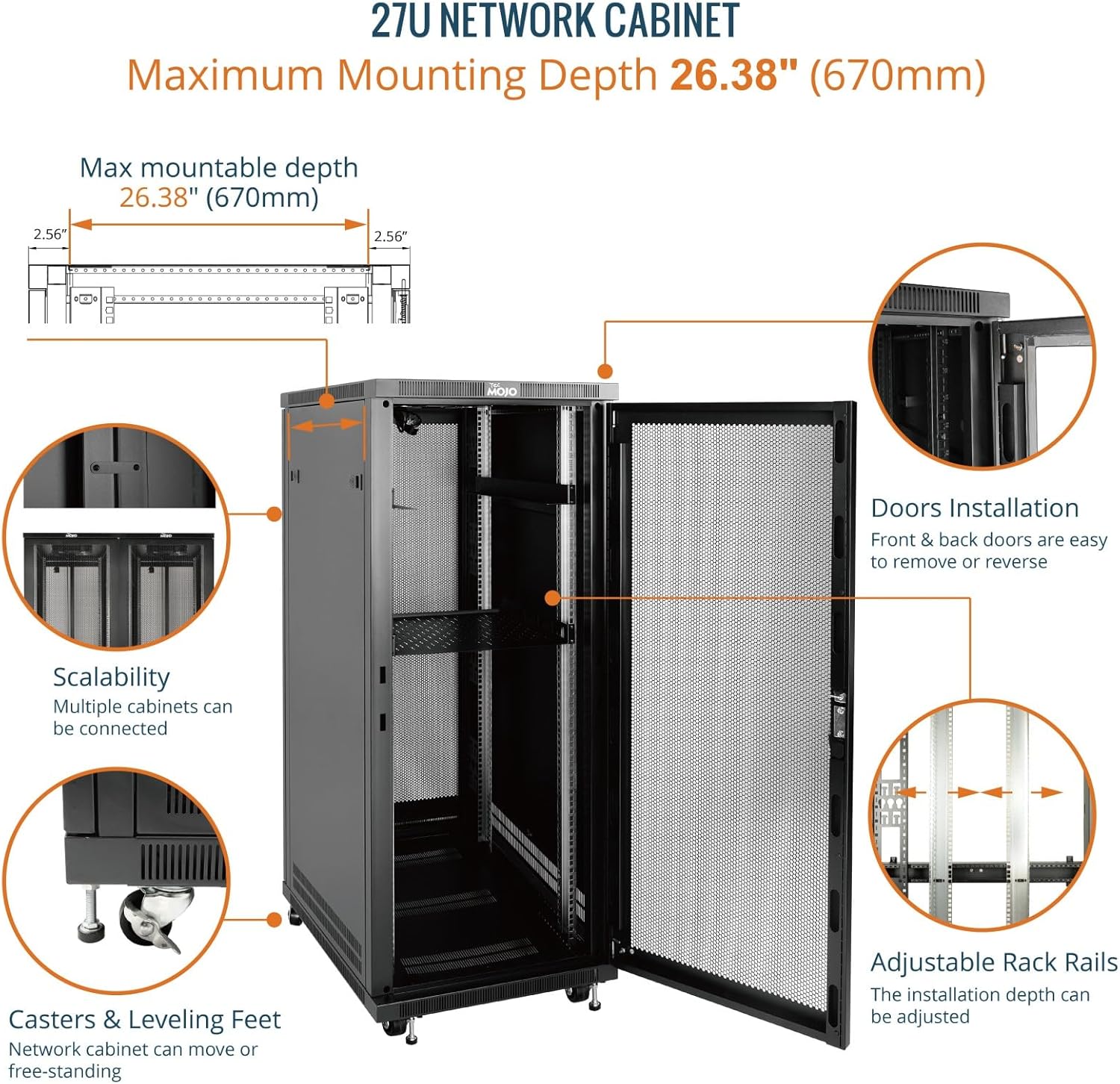 27U Server Rack Cabinet 800mm Mesh Door Assembled