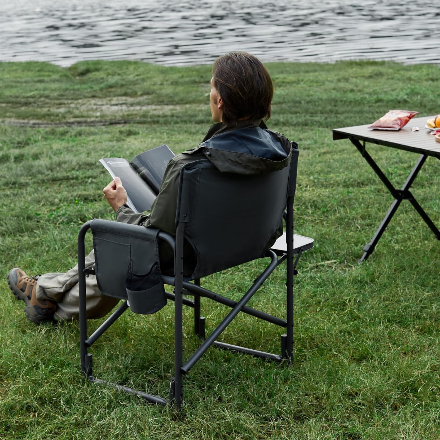 Directors Camping Chair 180kg Foldable Side Table Grey