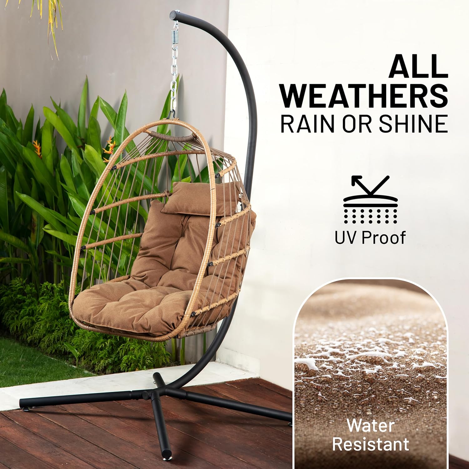 Foldable Rattan Egg Chair with Stand Cushion Brown