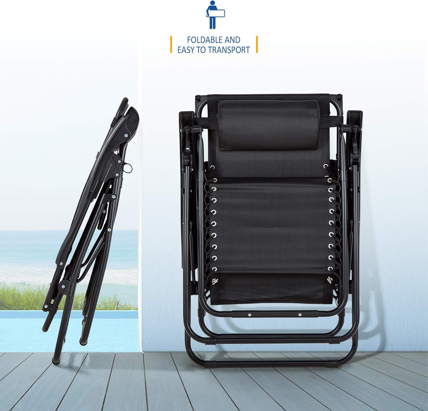 Zero Gravity Sun Loungers Set of 2 Black Reclining Chairs