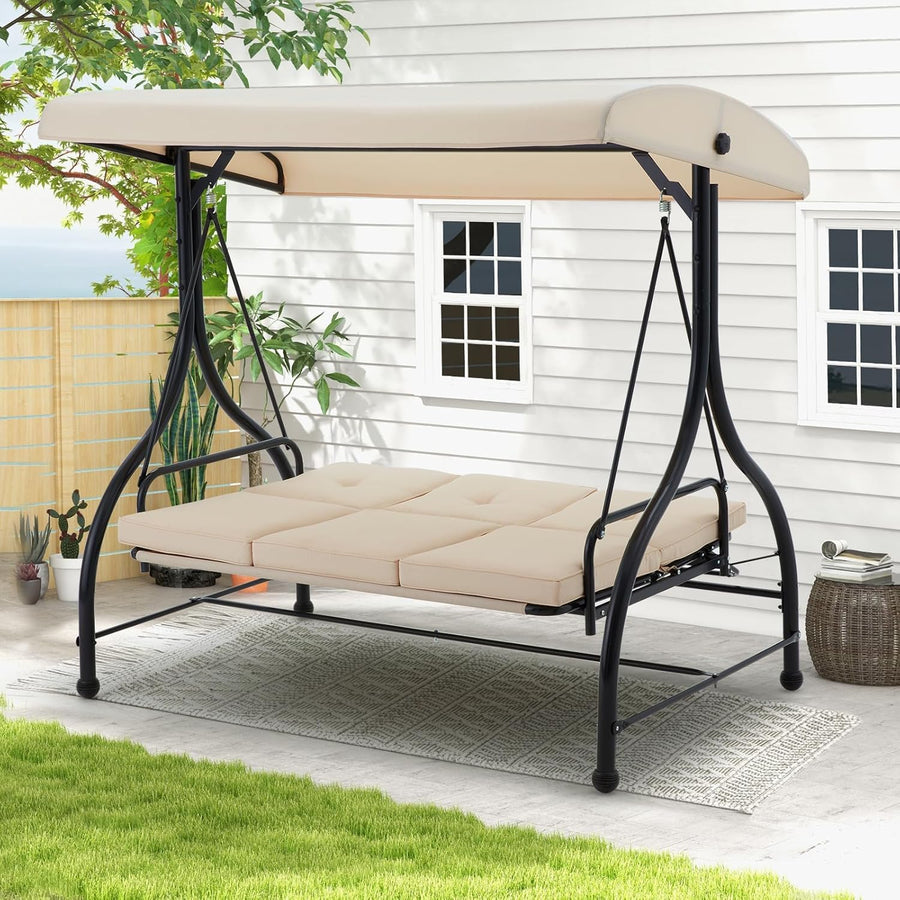 Beige 3 Seater Garden Swing Bed with Canopy