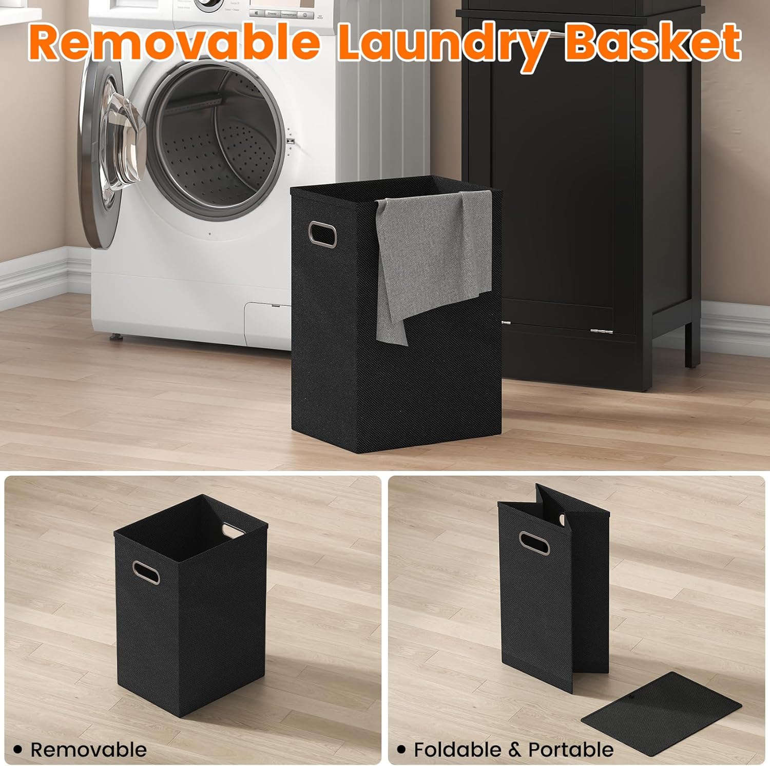 Tall Bathroom Cabinet Laundry Basket Drawer Shelves Black 170cm