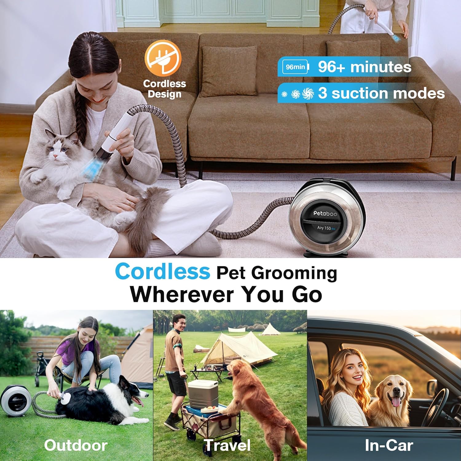Cordless Dog Grooming Vacuum 13000Pa 7 Tool 2.2L Quiet
