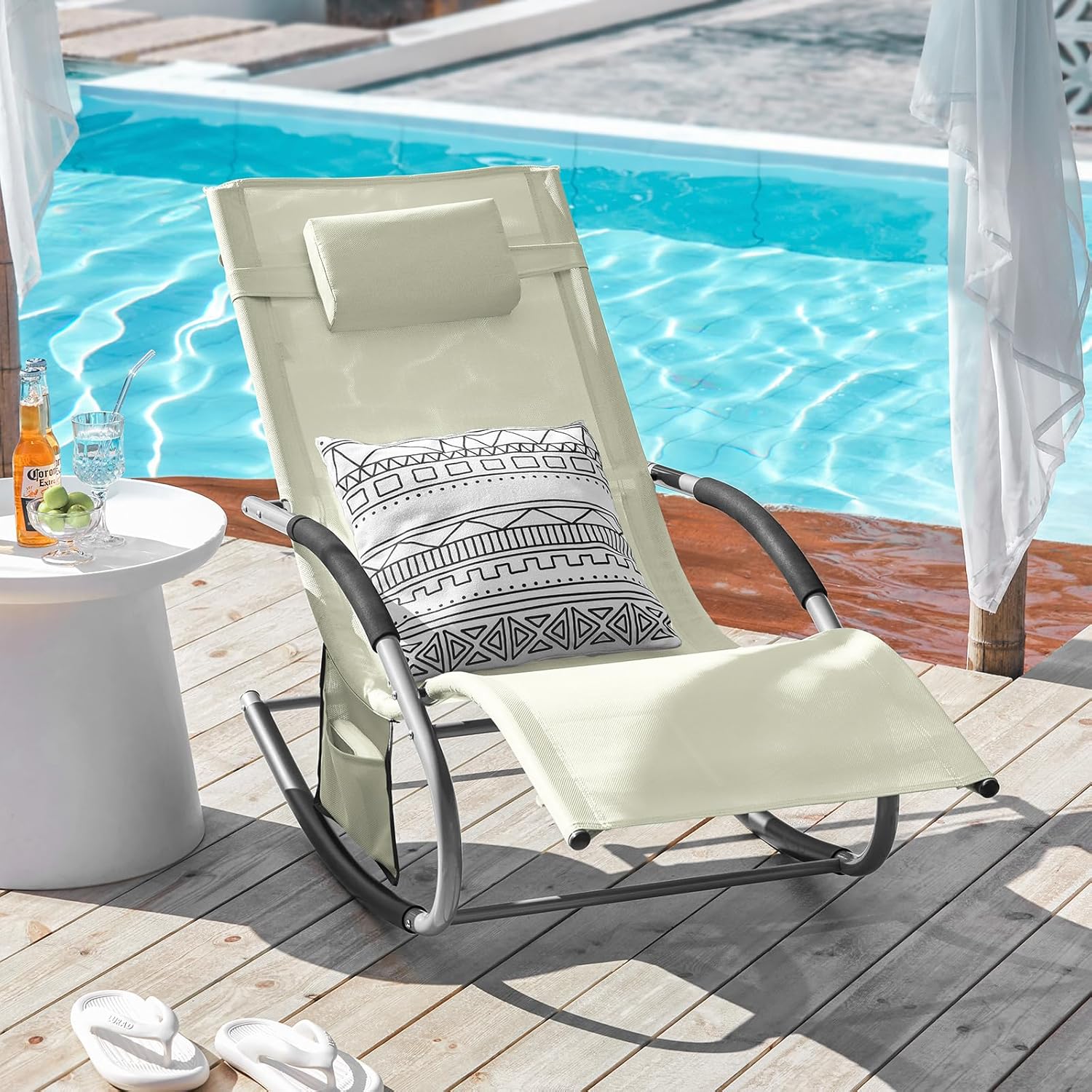 Outdoor Rocking Recliner Chair with Pillow Pocket Beige