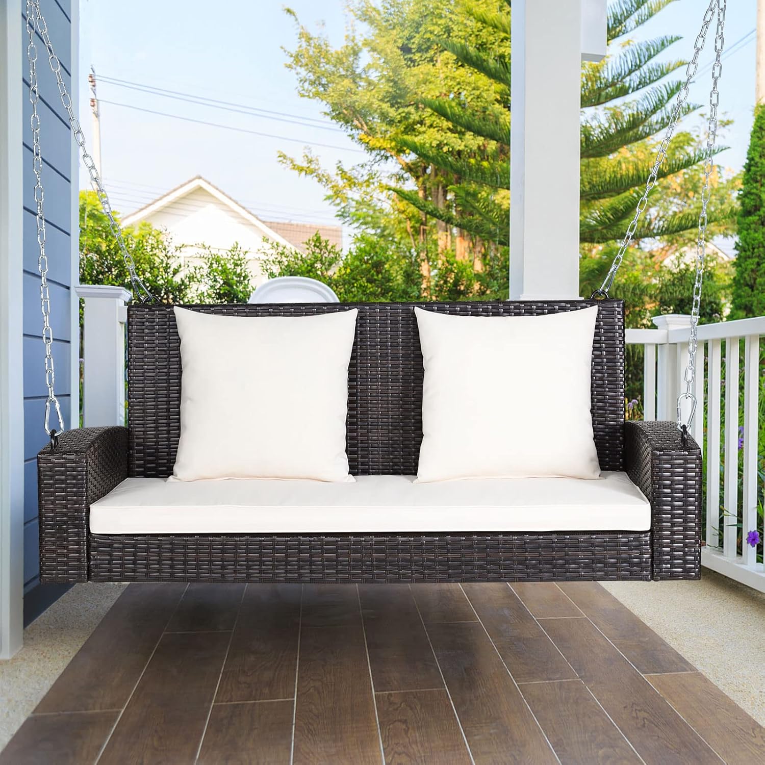 White Rattan 2 Seater Porch Swing Chair Cushions