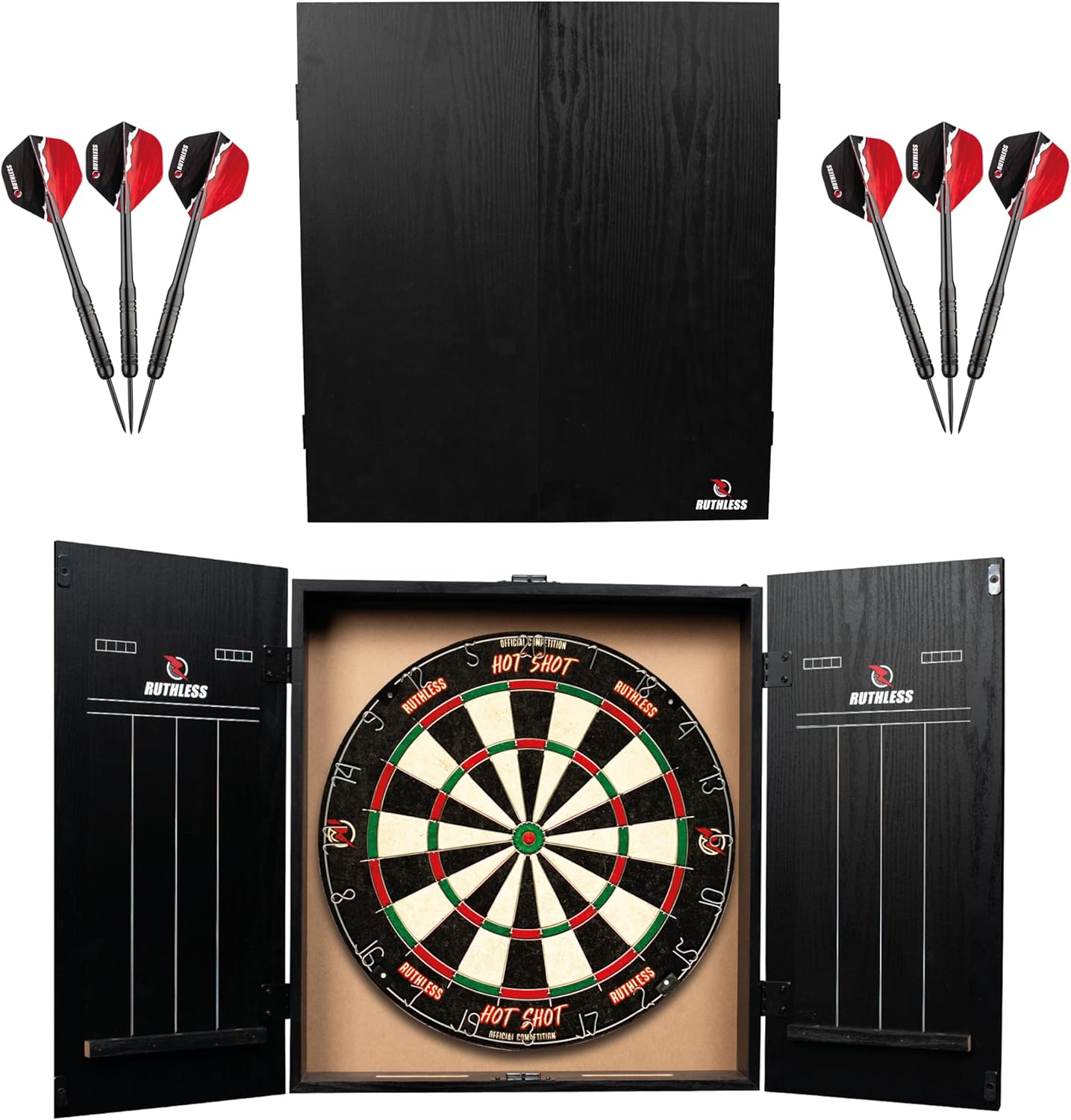 Dart Board Cabinet Set LED Light Scoreboard 2 Darts Wood Home