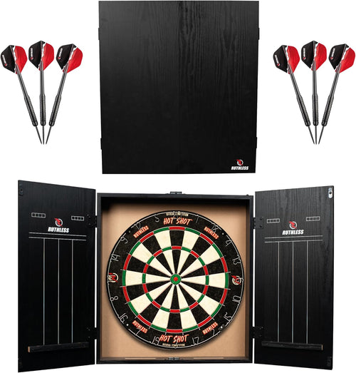 Dart Board Cabinet Set LED Light Scoreboard 2 Darts Wood Home