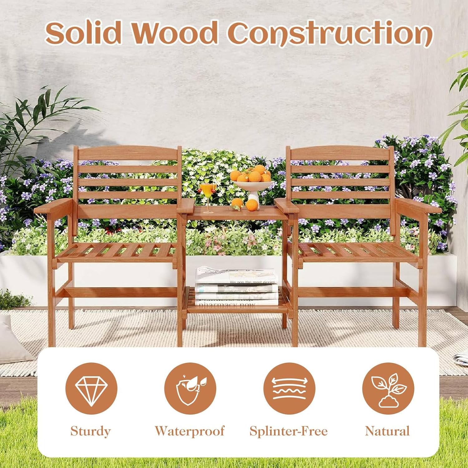 2 Seater Wooden Garden Loveseat Bench w/Table & Umbrella Hole