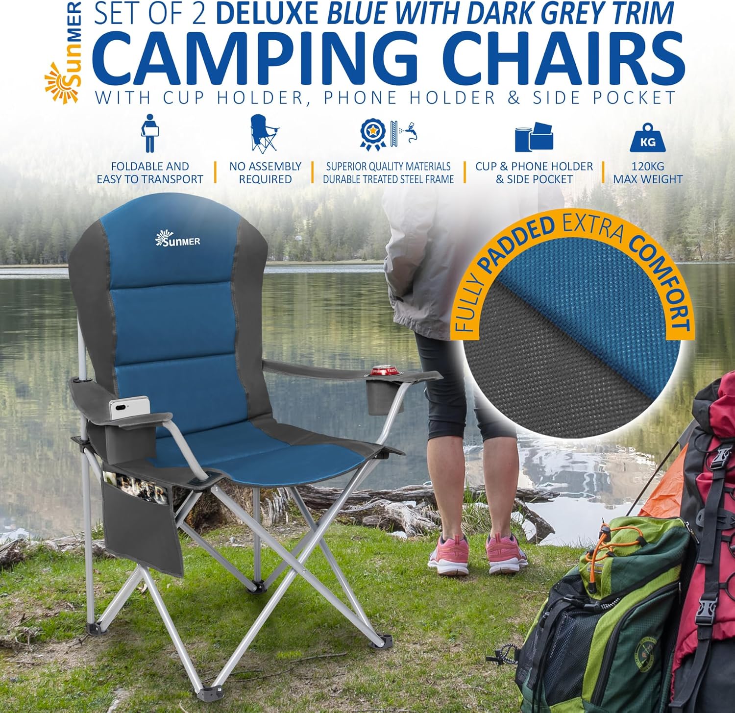 Padded Camping Chairs 2 Pack Deluxe Folding Chairs Blue