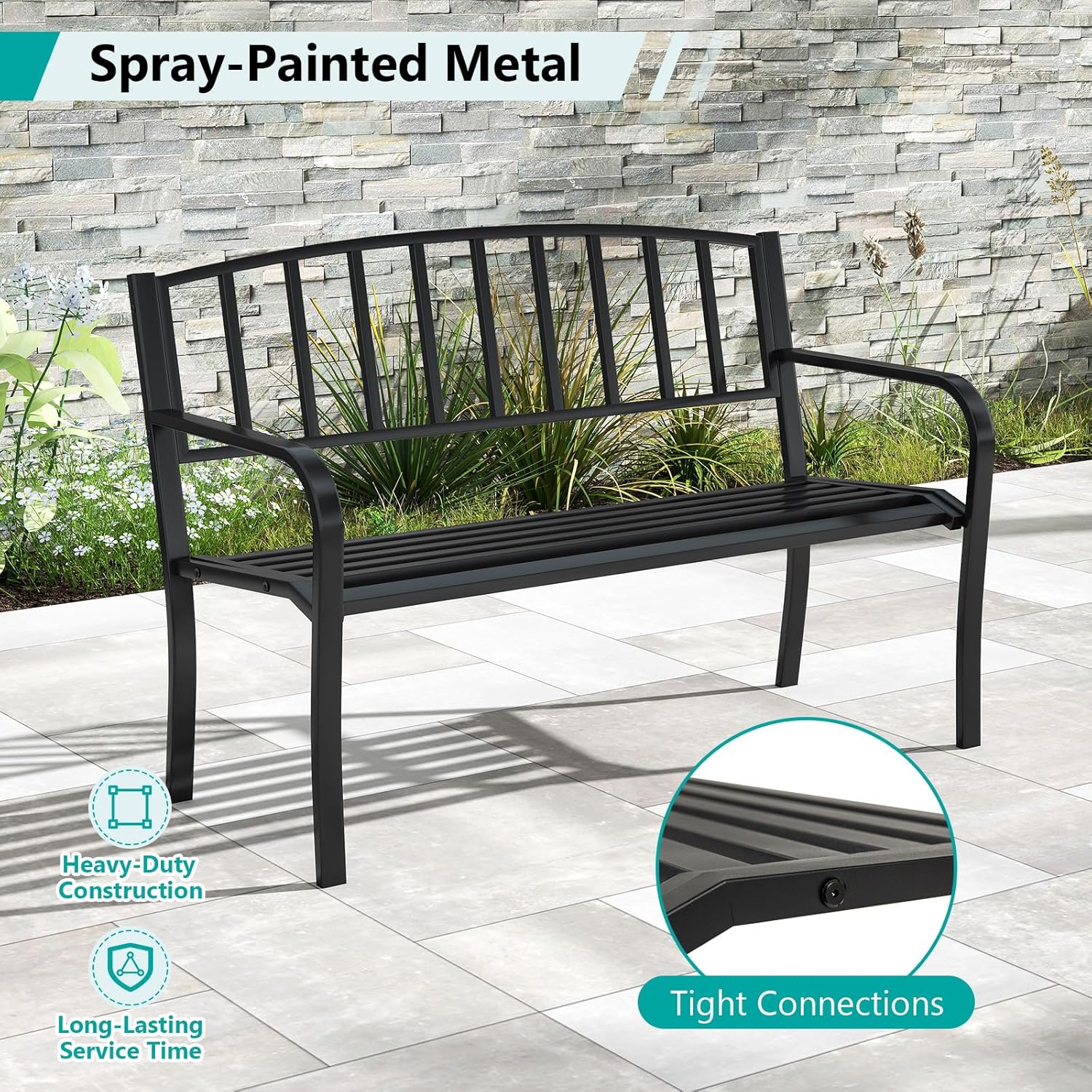 Metal Garden Bench 2-3 Seater Slatted Patio Park Seat