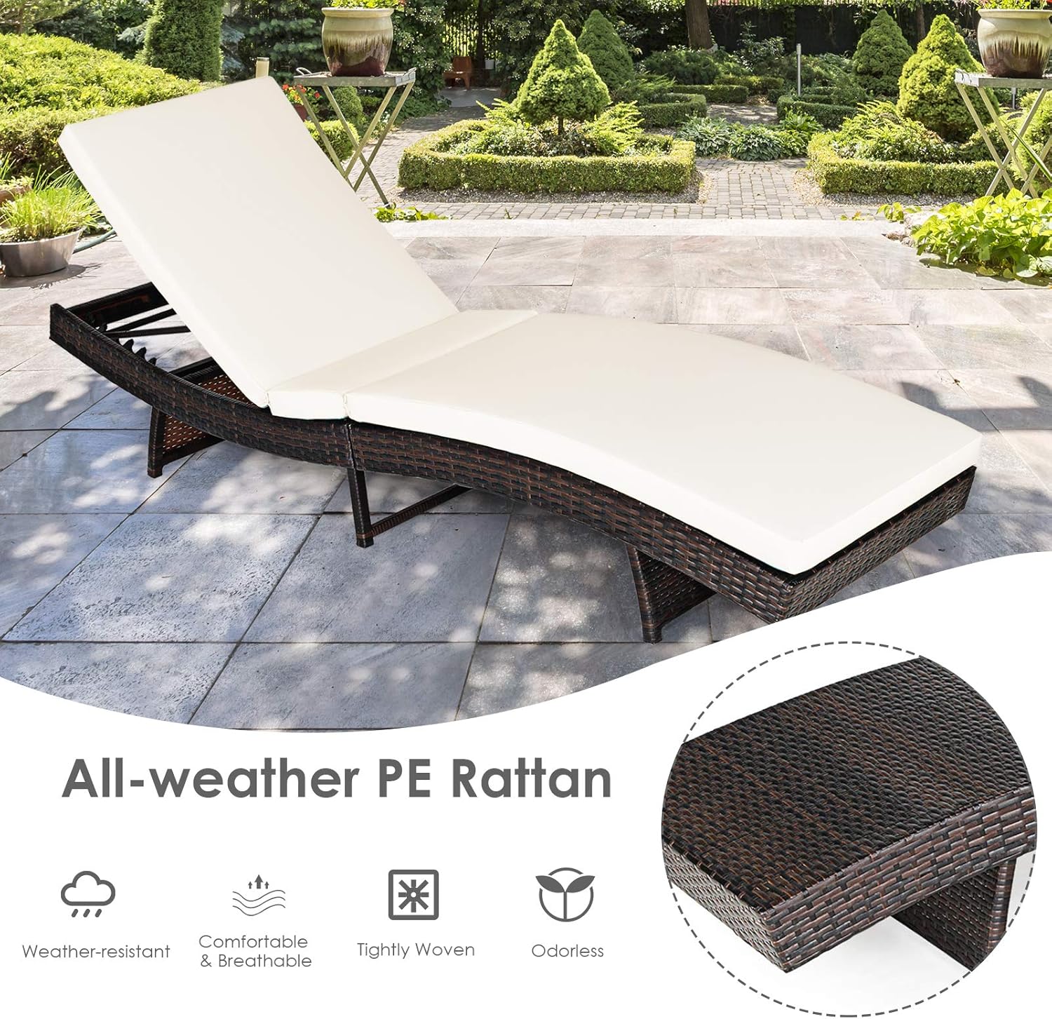 Folding Rattan Sun Lounger 5 Position Cushion Cream
