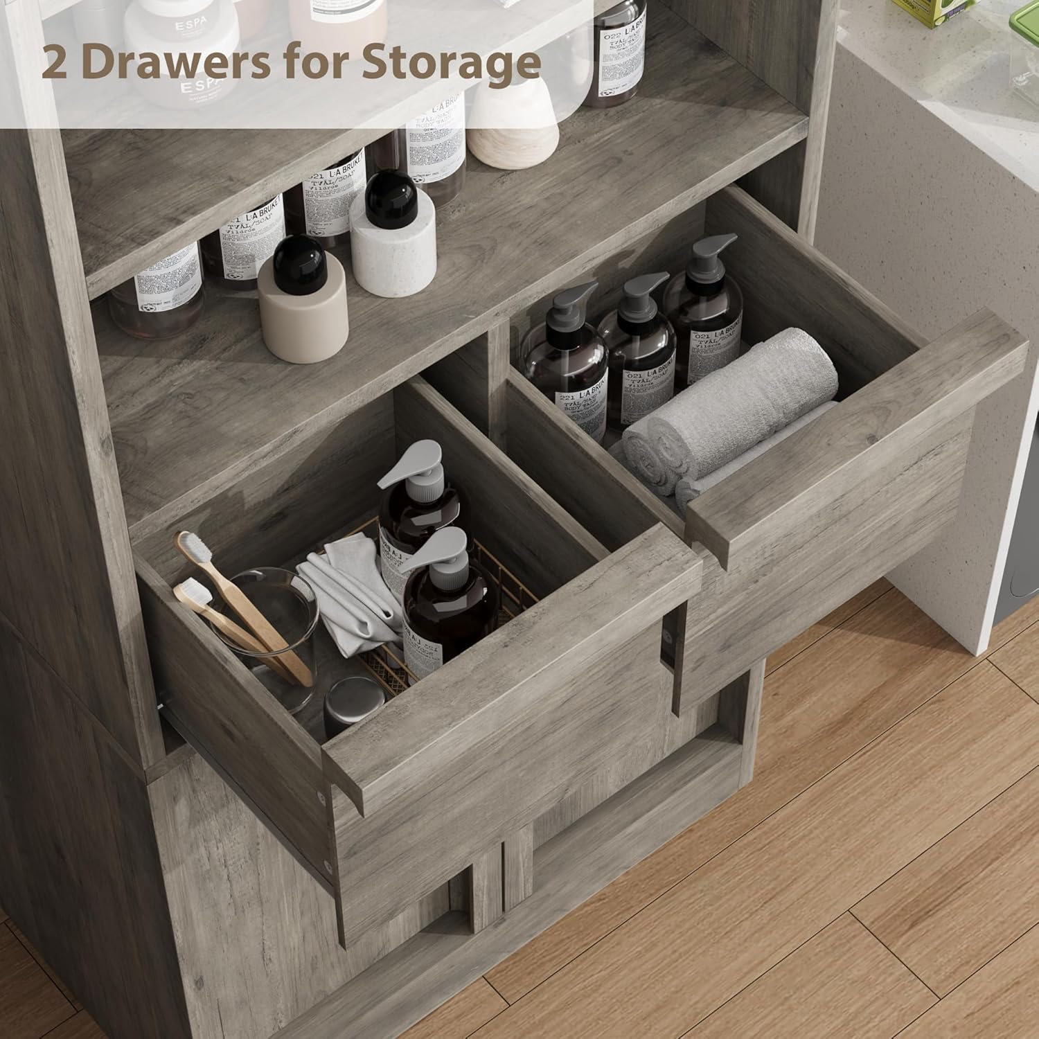 Tall Bathroom Storage Cabinet Grey 2 Drawers Door Unit