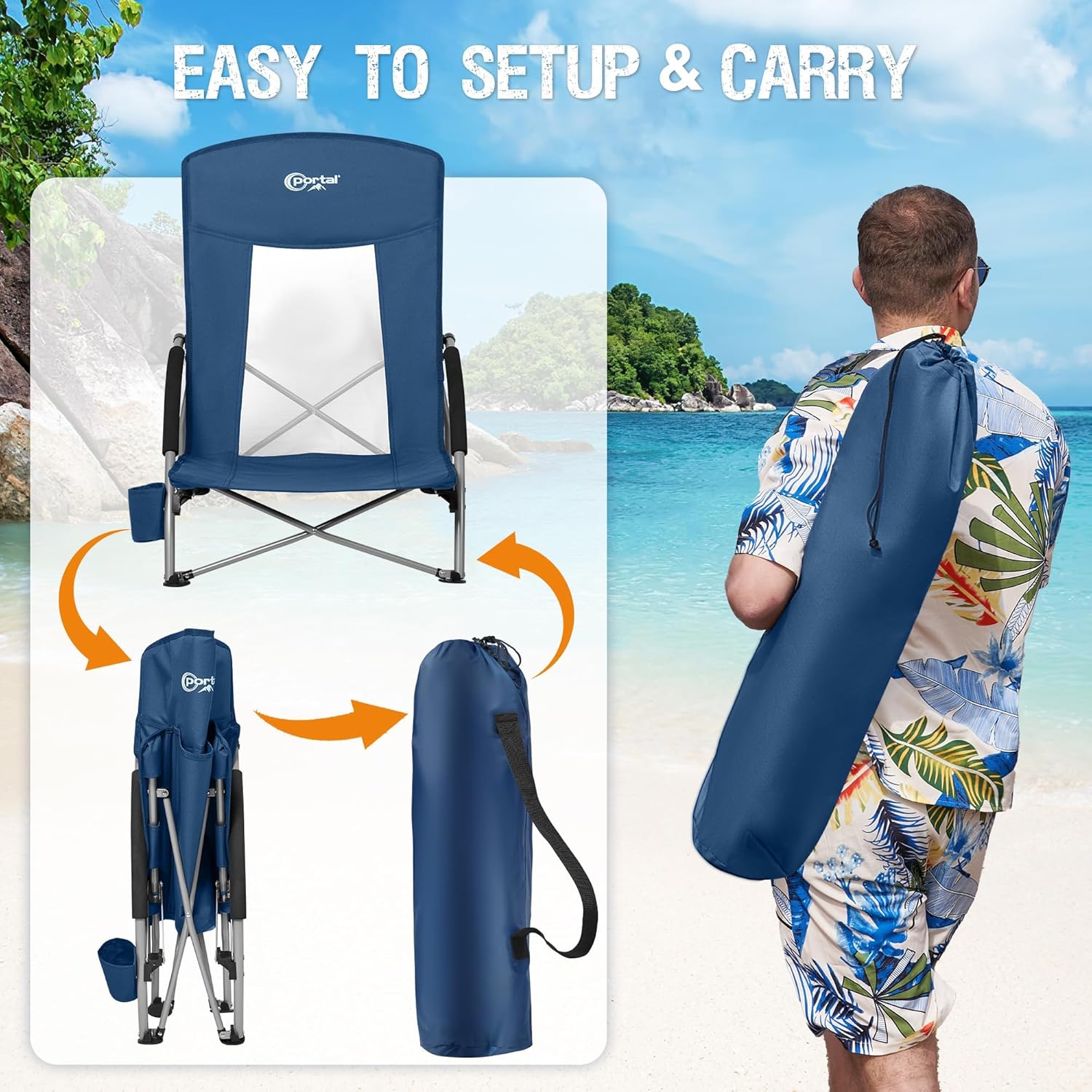 Beach Chairs 2 Pack High Back Folding Seat with Cup Holder