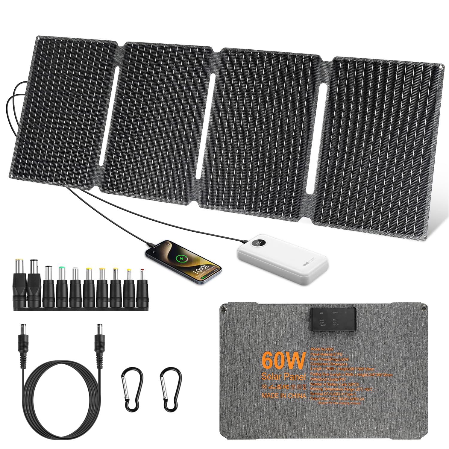 60W Foldable Solar Panel USB C DC Camping Charger