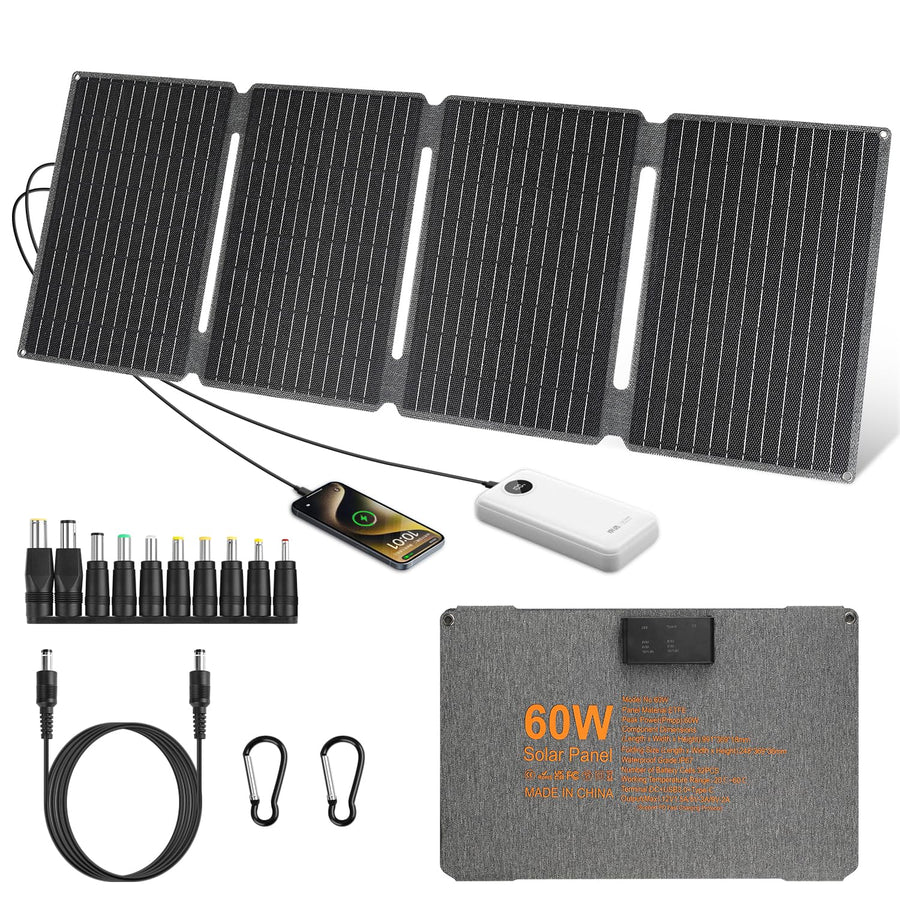 60W Foldable Solar Panel USB C DC Camping Charger