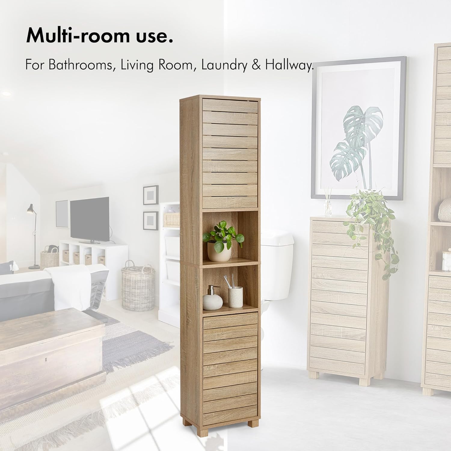 Tall Bathroom Cabinet Oak Effect Tallboy 2 Doors 7 Shelves Storage