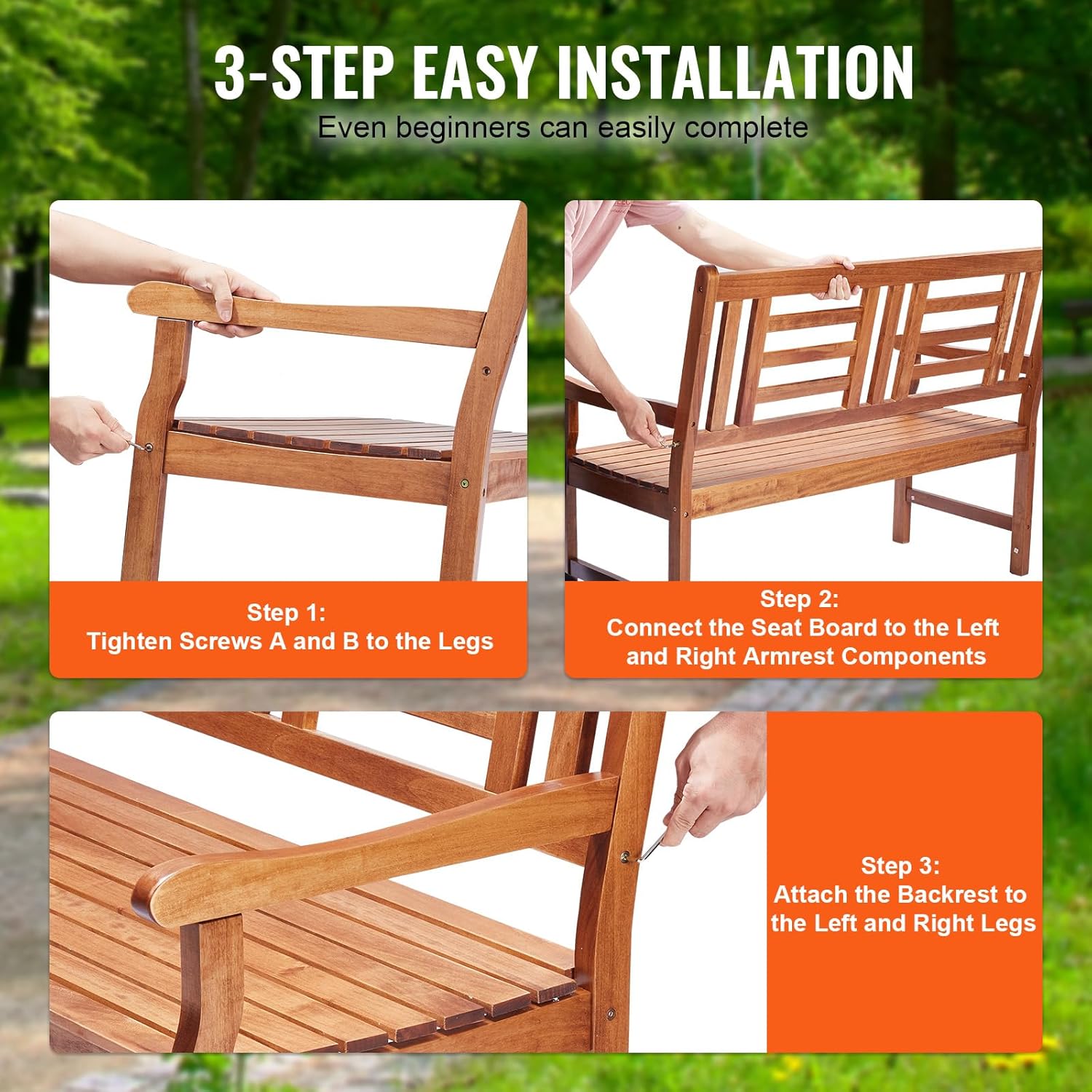 48" Wooden Garden Bench 3 Seater Patio Park Seat w/Armrests