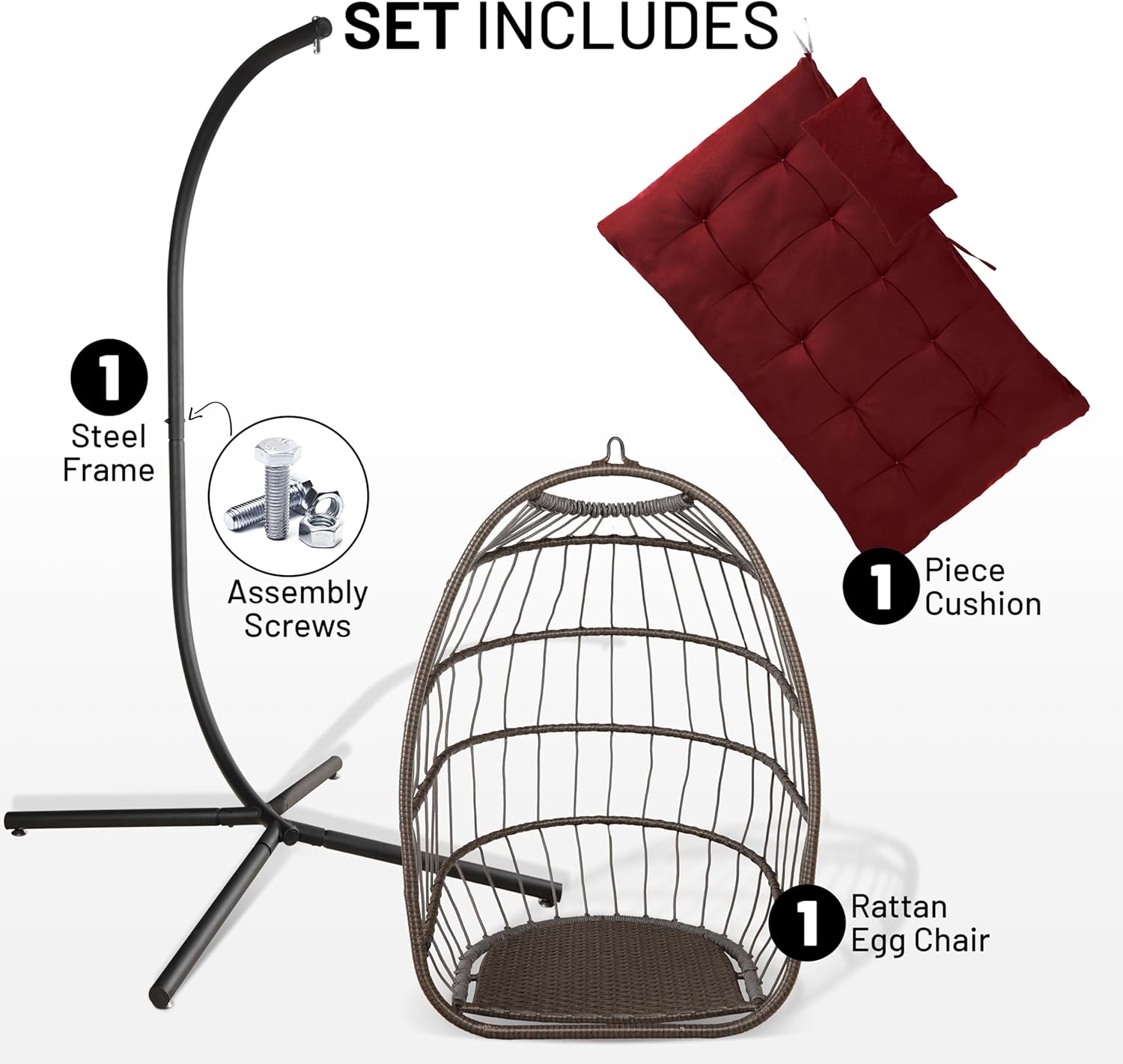 Foldable Rattan Egg Chair with Stand Cushion Red