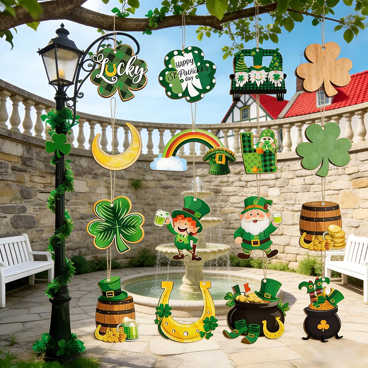 St Patricks Day Gnome Hanging Ornaments 36pcs Wooden Decor Set