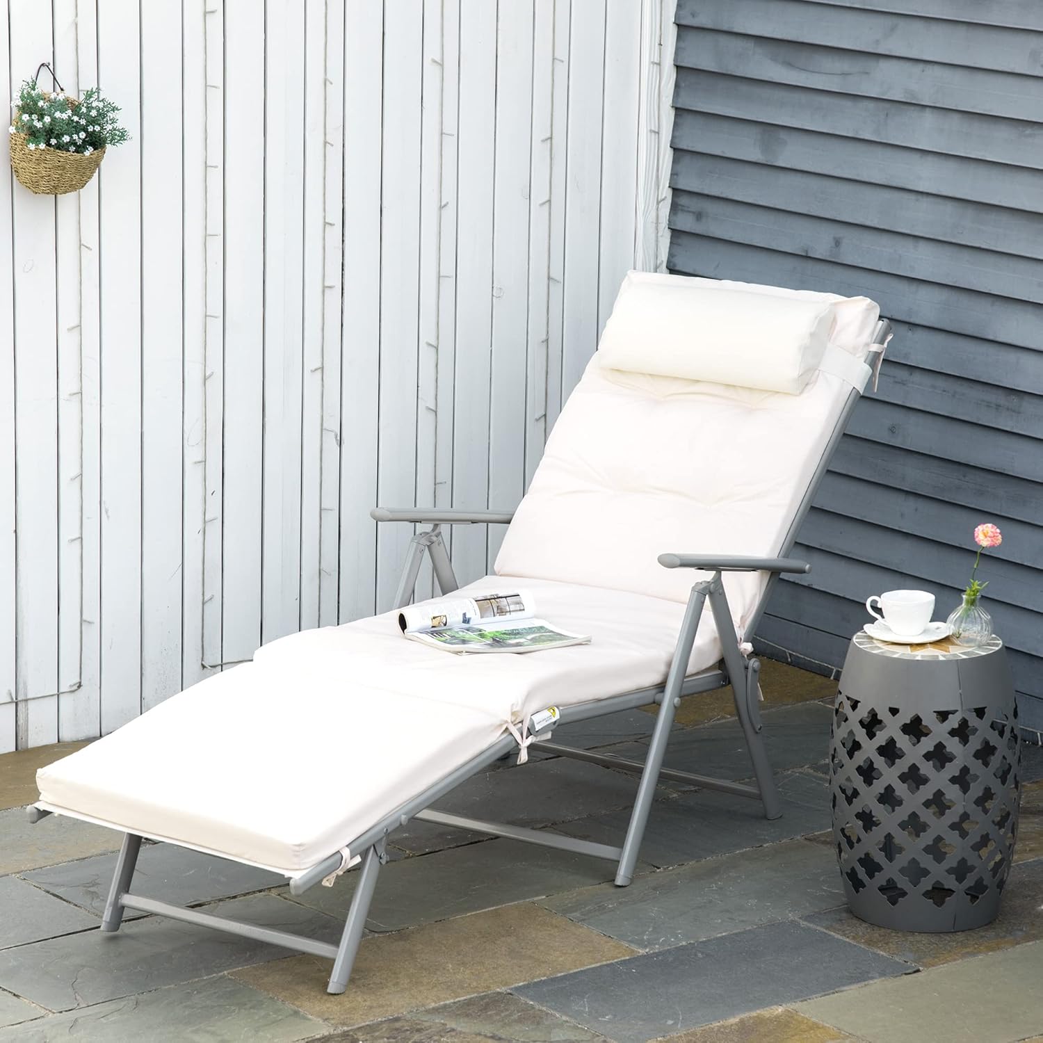 7 Level Folding Sun Lounger Recliner Cream White