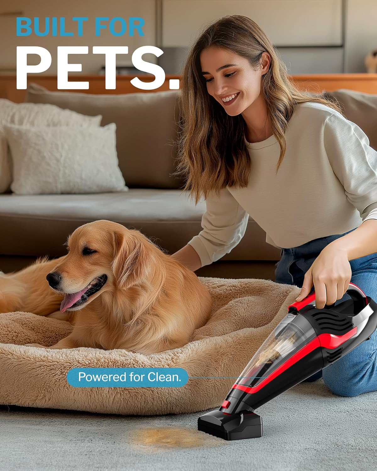 Cordless Pet Hair Handheld Vacuum HEPA Brush LED Light Red
