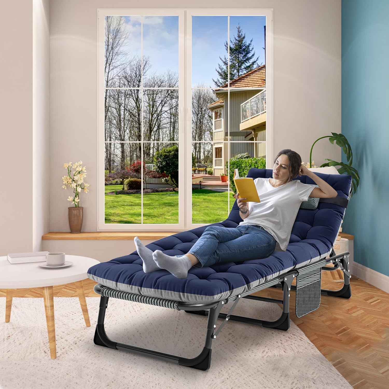 Heavy Duty Folding Sun Lounger Bed Blue Pad XL