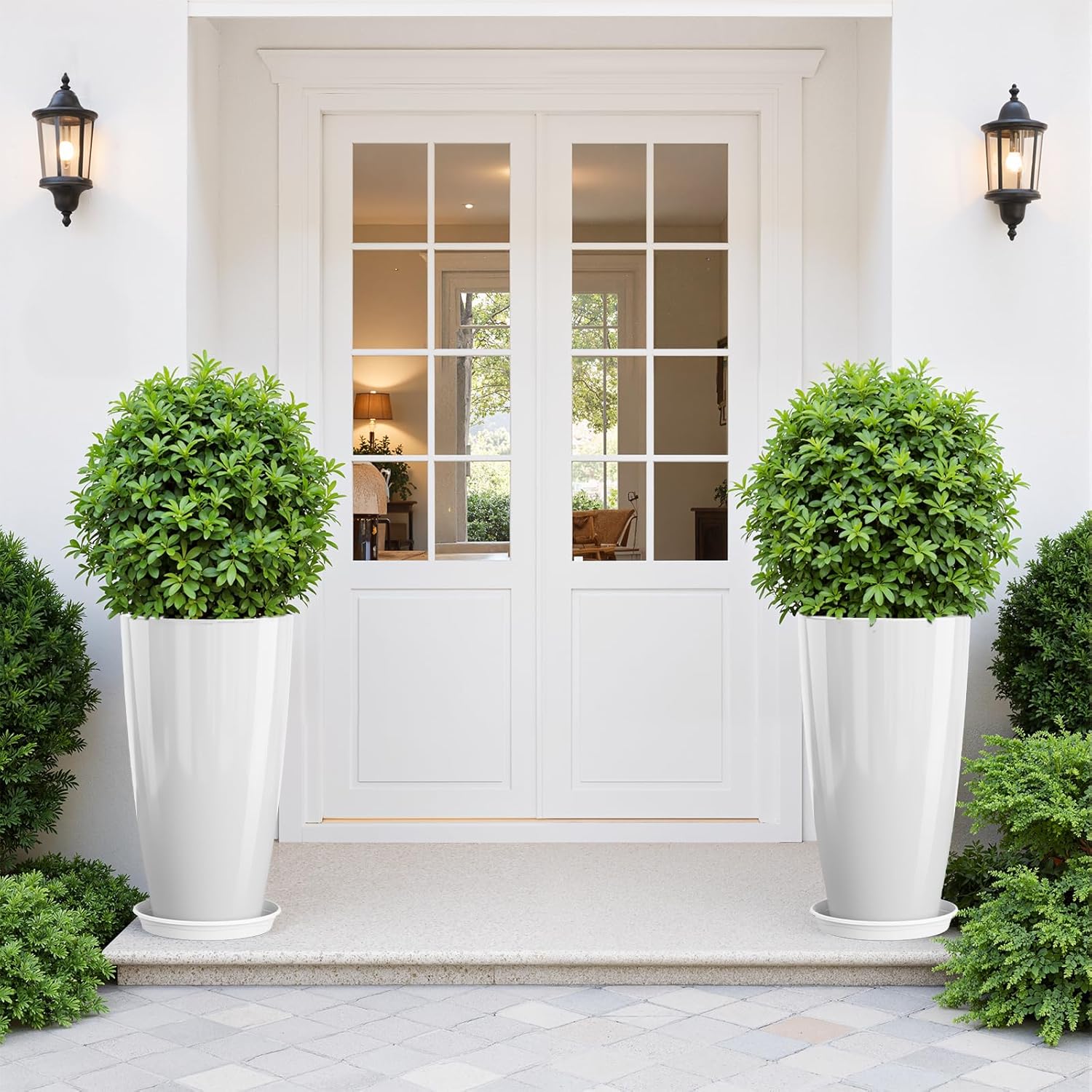 Tall Planters Set of 2 53cm White Plant Pots Indoor Outdoor